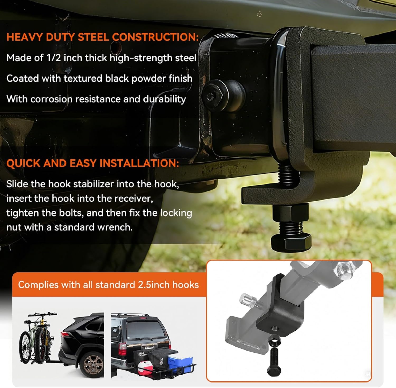 Heavy Duty 2.5 Inch Trailer Hitch Stabilizer - Anti-Rattle Clamp to Eliminate Wobble, Vibration and Noise, Durable Steel Build, Quick Installation for Smooth Towing
