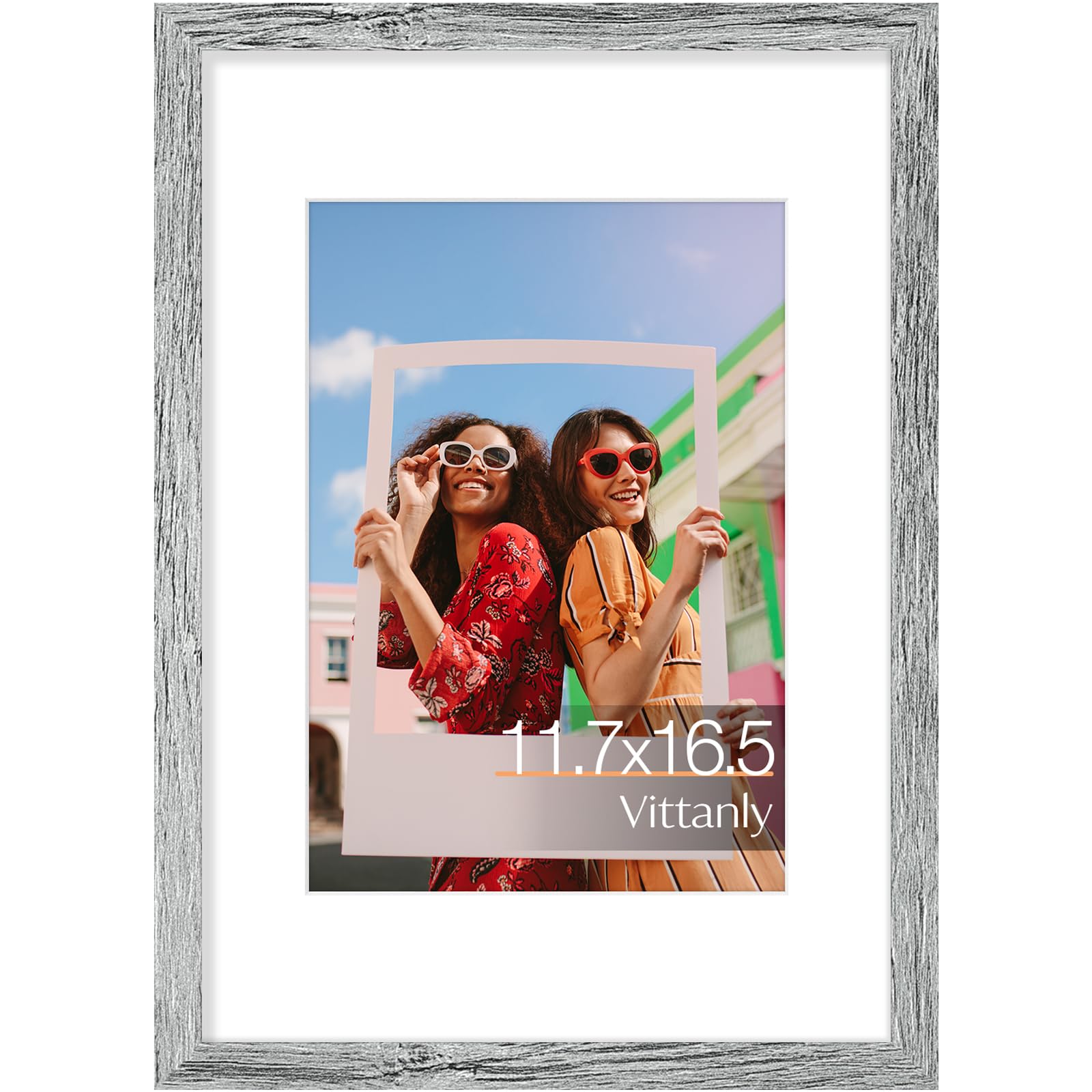Vittanly A3 Picture Frame, Engineered Wood with Shatter Resistant Plexiglass, Display Pictures 8.3x11.7 with Mat or 11.7x16.5 without Mat, Poster Frame for Wall Display, Grey, 1 Pack