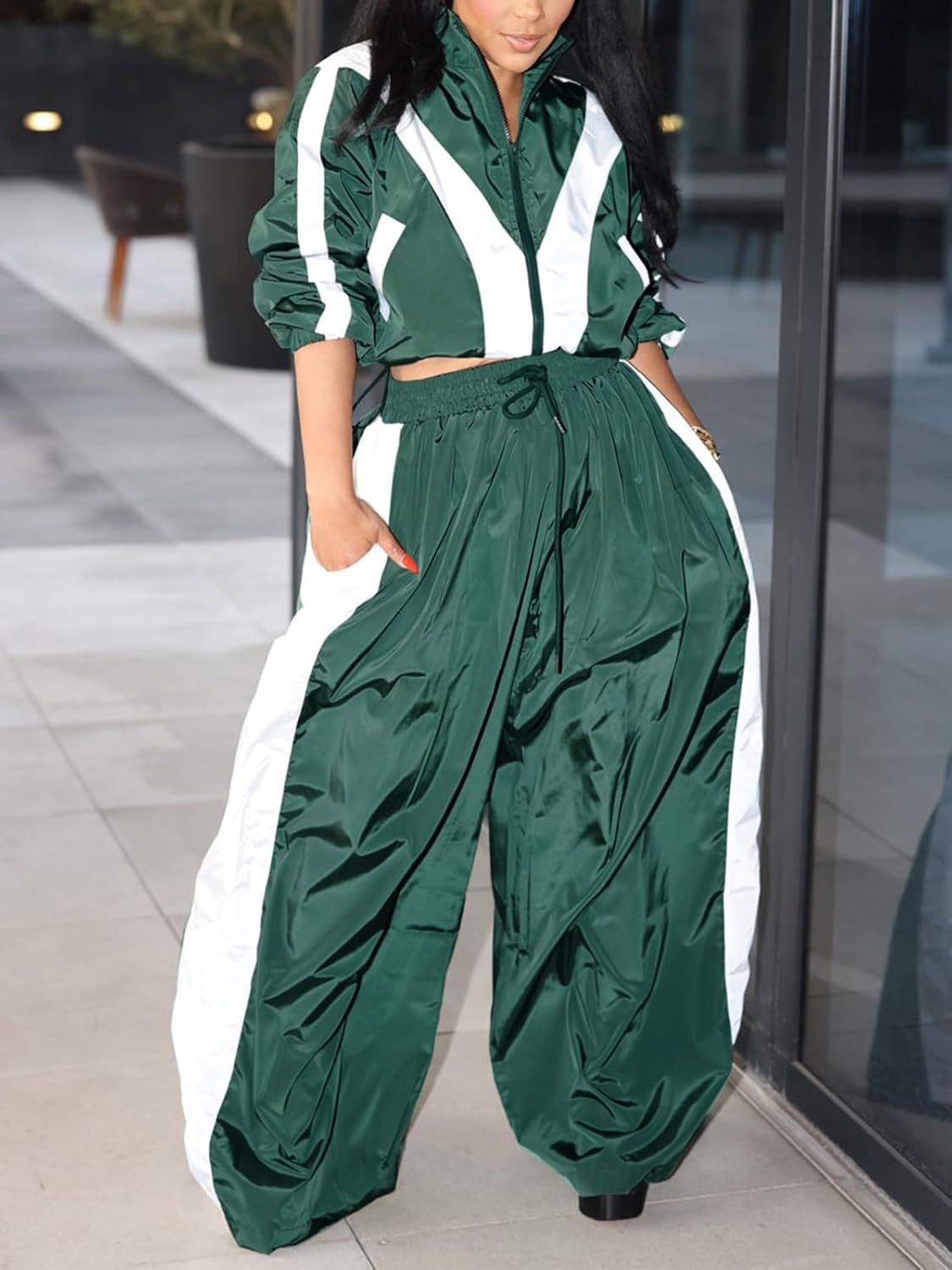 Ecirod Womens Color Block Sweatsuit Set 2 Piece Outfits Zip Up Sweatshirt High Waisted Wide Leg Pants with Pockets - Image 2