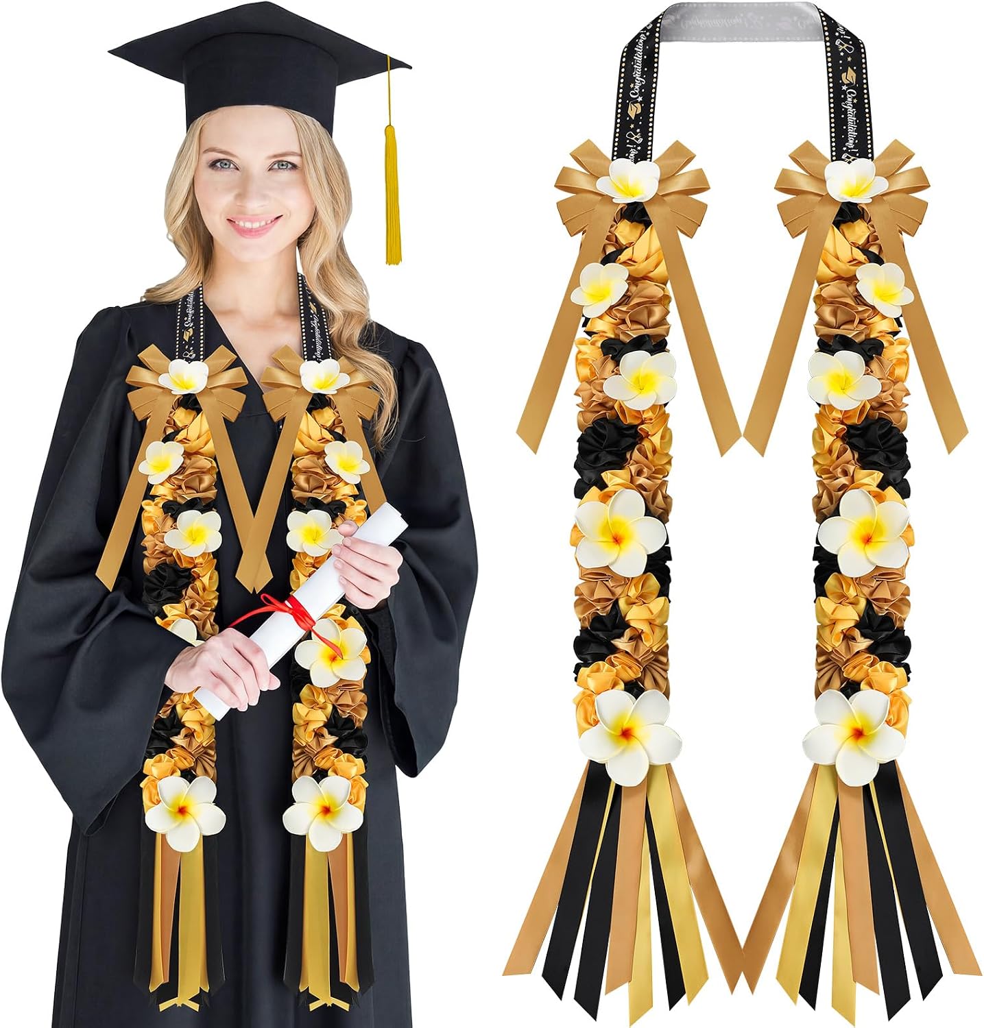 Suncalla Plumeria Graduation Lei 2026 Black Gold Hawaiian Ribbon Graduation Braided Lei with Flowers for Adults Class of 2026 School College Student Congrats Grad Gifts Party Accessories