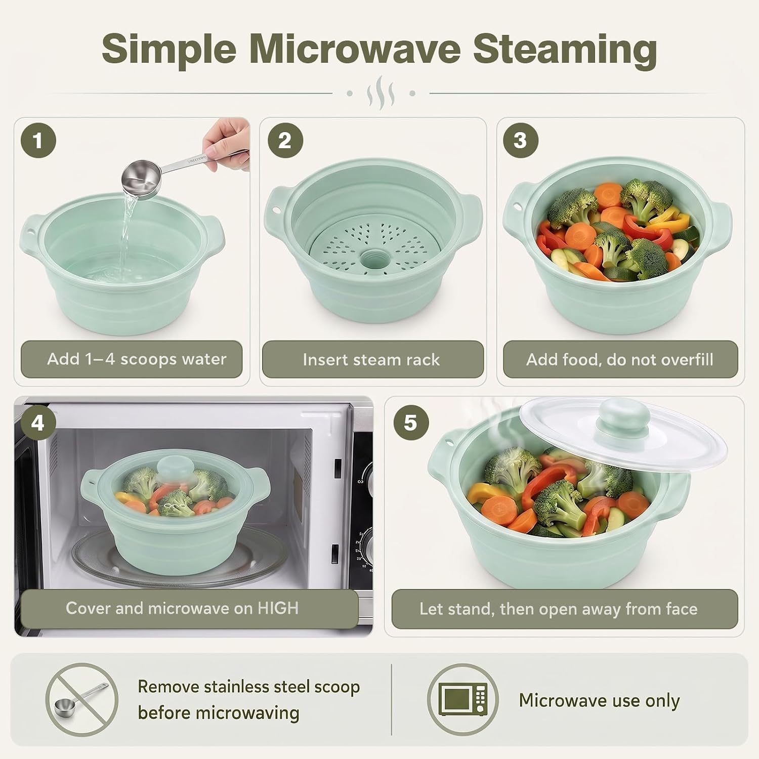 42oz Collapsible Silicone Microwave Steamer for Vegetables, Green