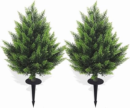 R's Ceder Artificial Topiary Cedar Tree 2FT Faux Little Bush Cedar Tree UV Resistant Shrub Potted Artificial Plant for Outdoor Indoor Front Porch Garden (2 Pack)
