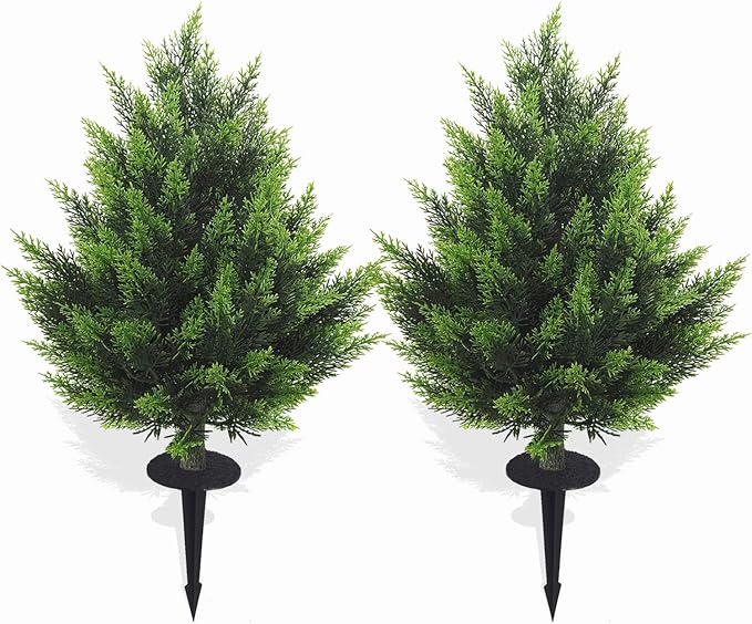 R's Ceder Artificial Topiary Cedar Tree 2FT Faux Little Bush Cedar Tree UV Resistant Shrub Potted Artificial Plant for Outdoor Indoor Front Porch Garden (2 Pack)