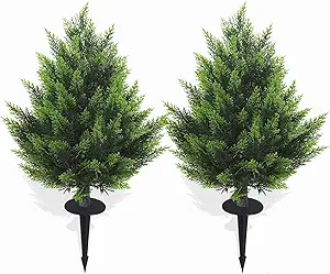 R's Ceder Artificial Topiary Cedar Tree 2FT Faux Little Bush Cedar Tree UV Resistant Shrub Potted Artificial Plant for Outdoor Indoor Front Porch Garden (2 Pack)