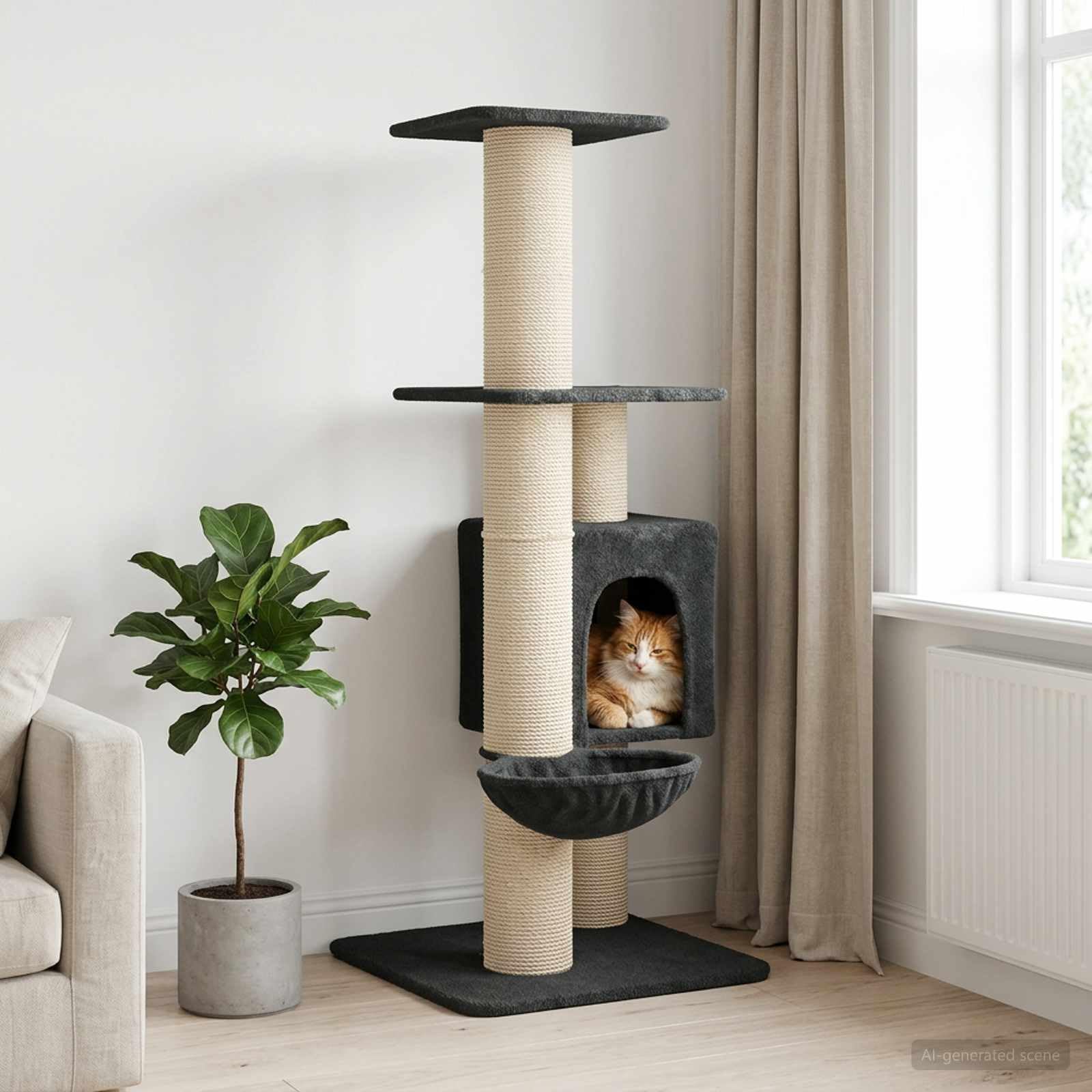 Árbol para gatos con pilares rascadores de sisal y cueva, color gris oscuro, 137 cm | Árbol de escalada de varios niveles con una acogedora cueva para gatos para el salón. Madera duradera y felpa suave.