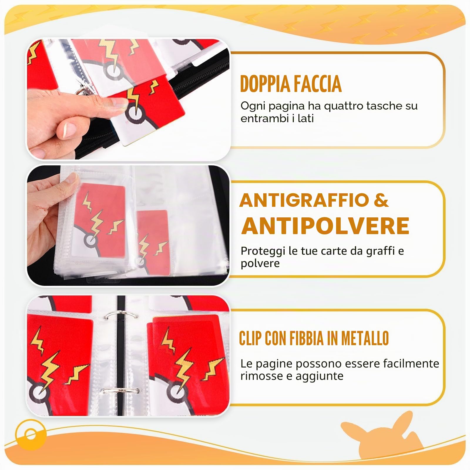 Raccoglitore Carte Pokemon 9 Tasche, Album Carte con Cerniera, PU Album Porta Carte Impermeabile, 50 Pagine, 900 Tasche