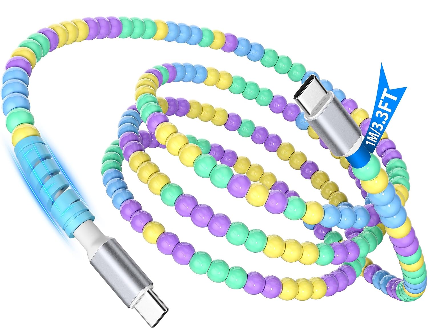 3.5mm Jack Magnetic Wired Earbuds, USB C Cable Beaded Fast Charging 3.3FT,Cute Colorful Beads Cable for Girls Women,60W 45W 40W 30W 27W 25W USB-C to Type C PD Charge Cord for iPhone 17 Pro 16 15