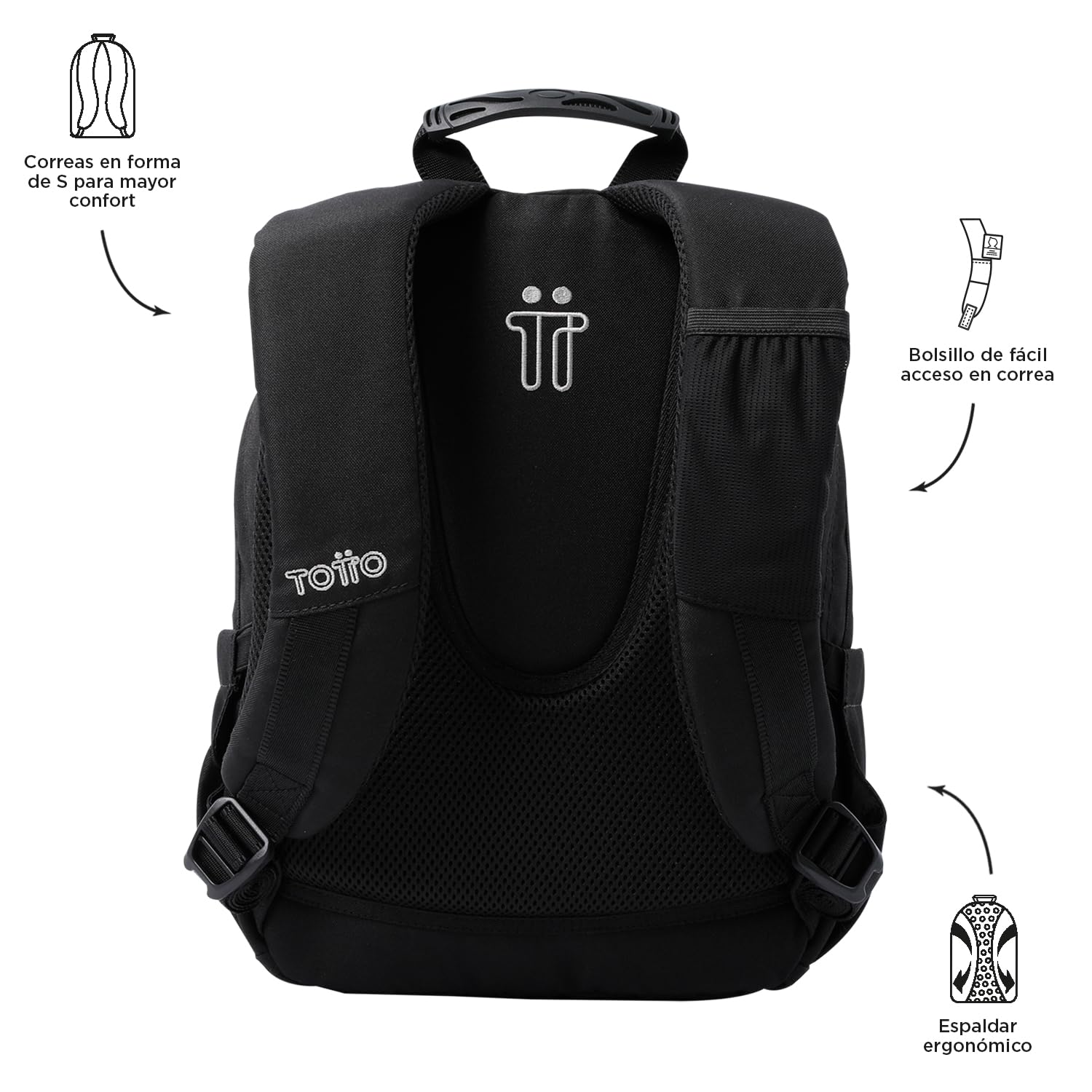 TOTTO - Mochila Escolar, Modelo Tempera, Capacidad 12 L, 3 Bolsillos, Bolsillo Tablet 10", Bolsillo Botella, Espaldar Ergonómico con Flujo de Aire, Cómodas Correas en S, Color Negro