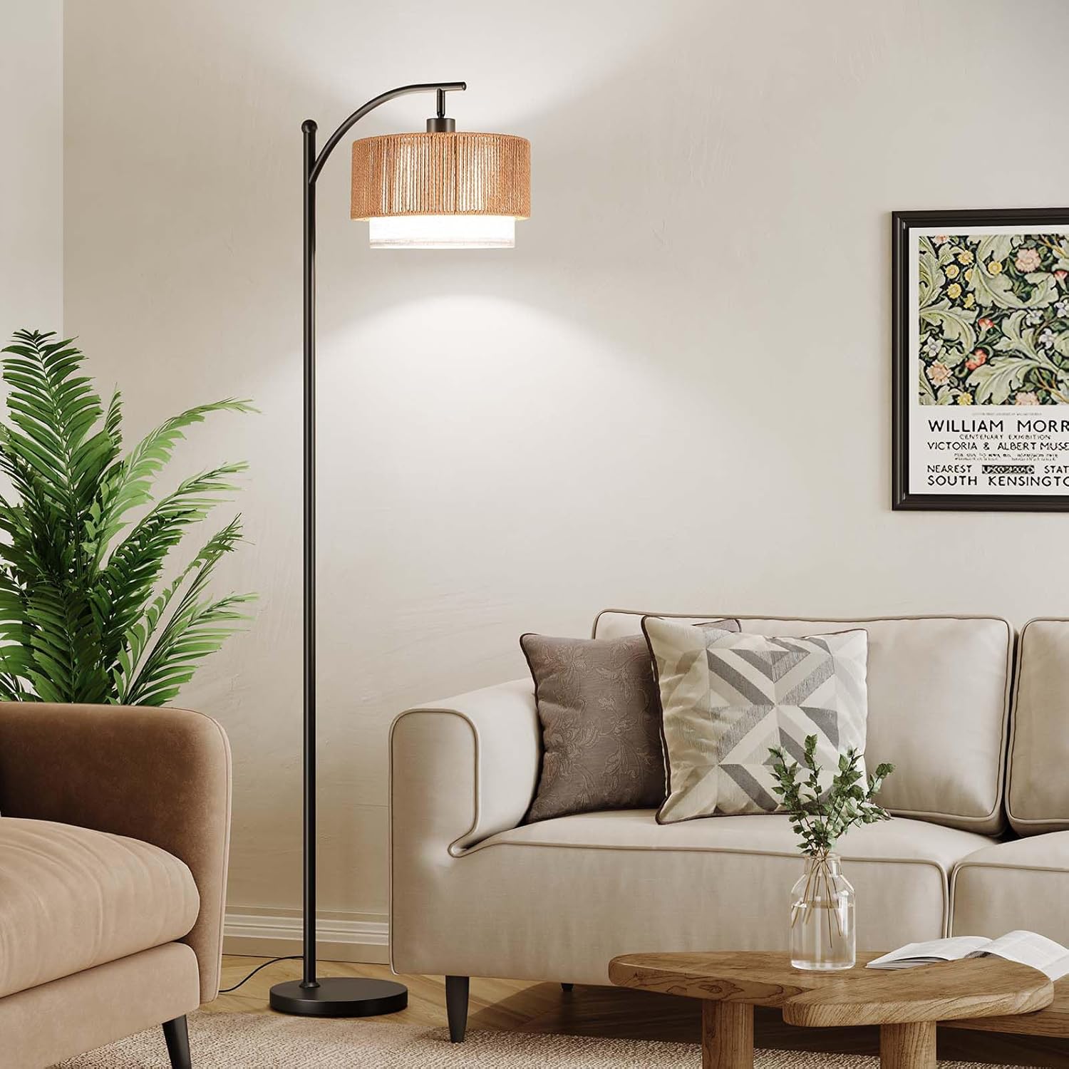 SUNMORY Floor Lamps for Living Room with 12W LED Bulb, Arc Floor Lamp with 3 Color Temperatures, Farmhouse Floor Lamps with Adjustable Rattan & Fabric Shades, Boho Standing Lamp for Bedroom, Corner