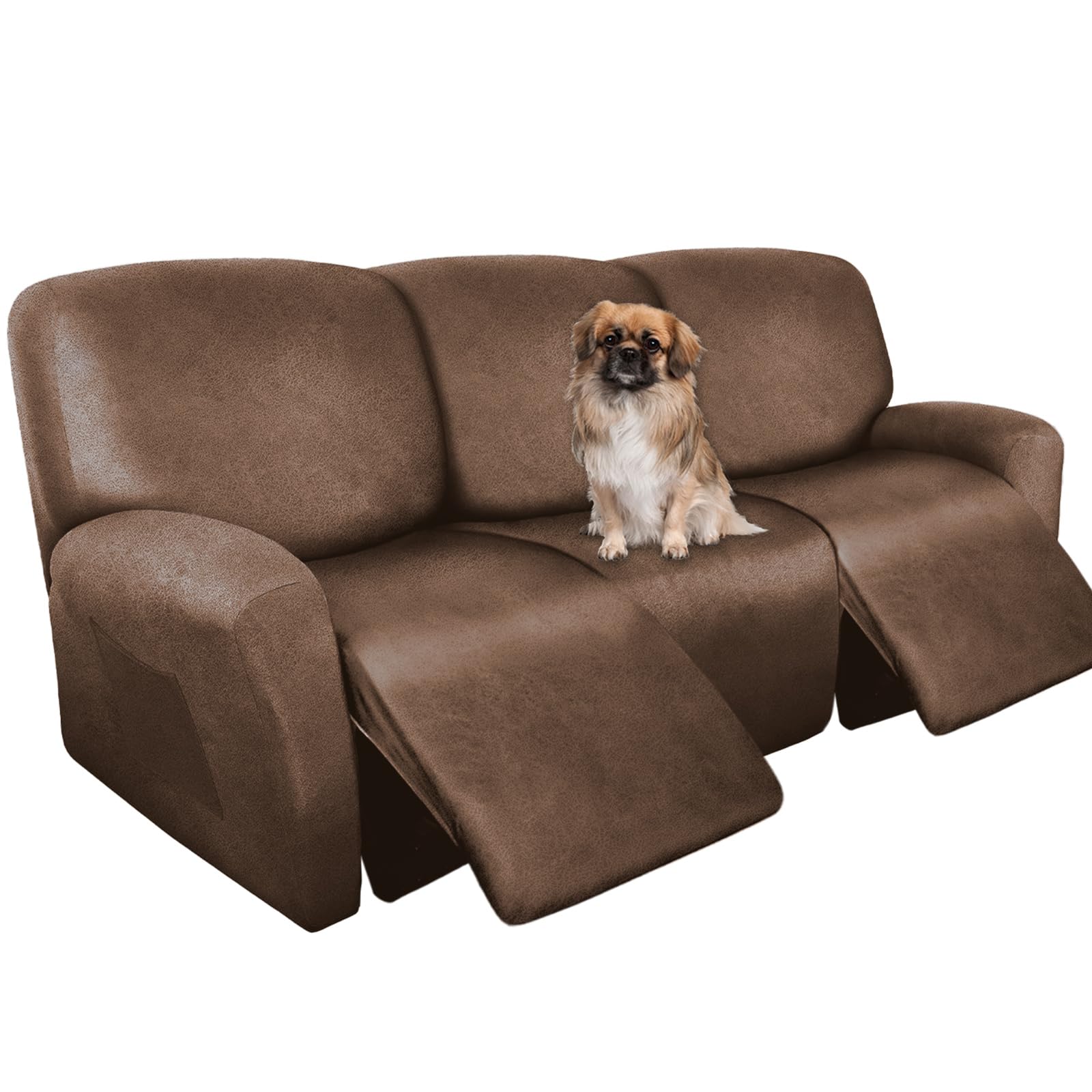 Photo 1 of ANARACHON Recliner Couch Cover Leather Look Recliner Sofa Covers for 3 Cushion Reclining Sofa Slipcovers 8-Pieces Furniture Protector Spandex Fabric Washable (3 Seater, 01 Brown)