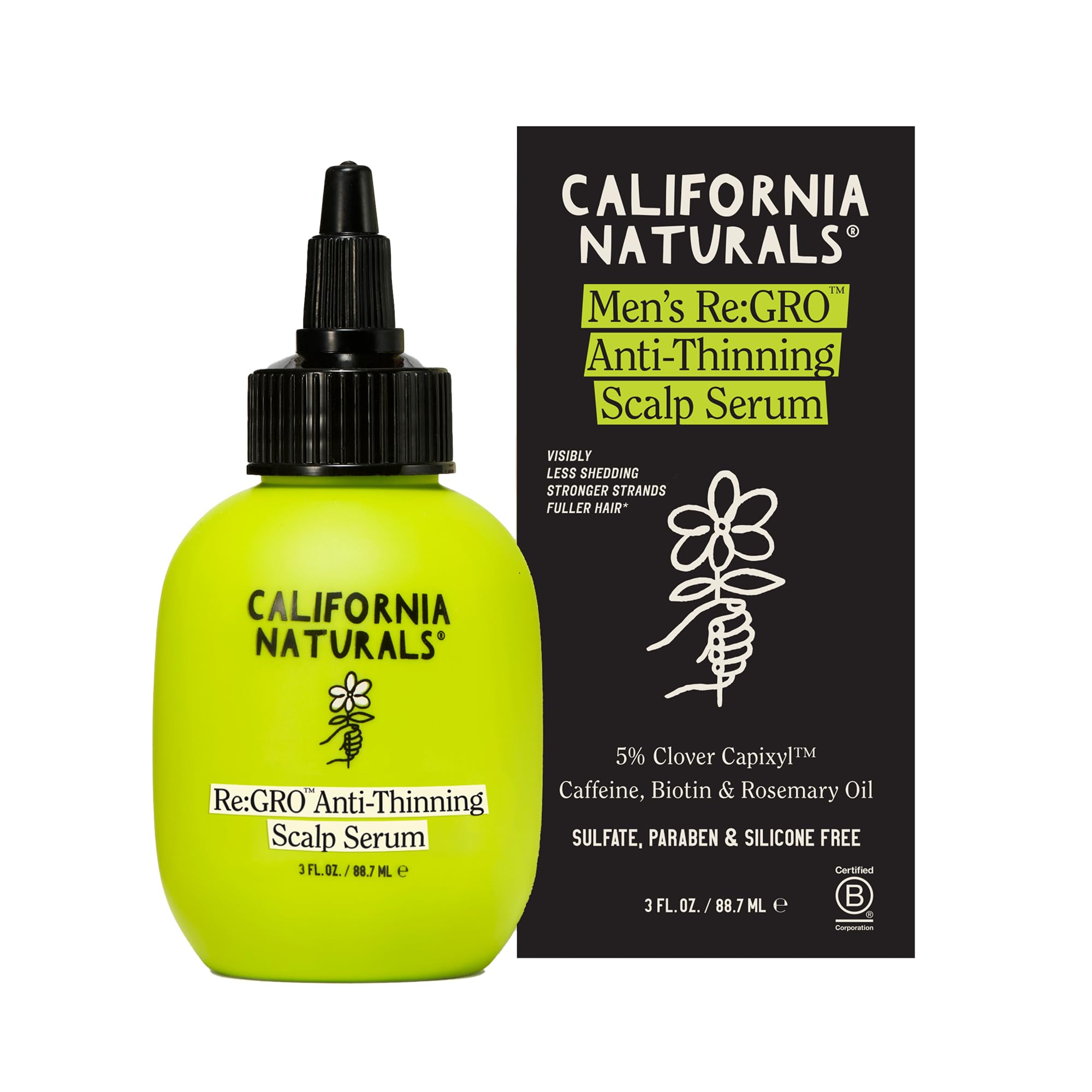 California Naturals Men's Re: Gro Anti-Thinning Scalp Serum, 5% Capixyl with Biotin, Caffeine & Castor and Rosemary Oil, Non-Sticky Cooling Formula,