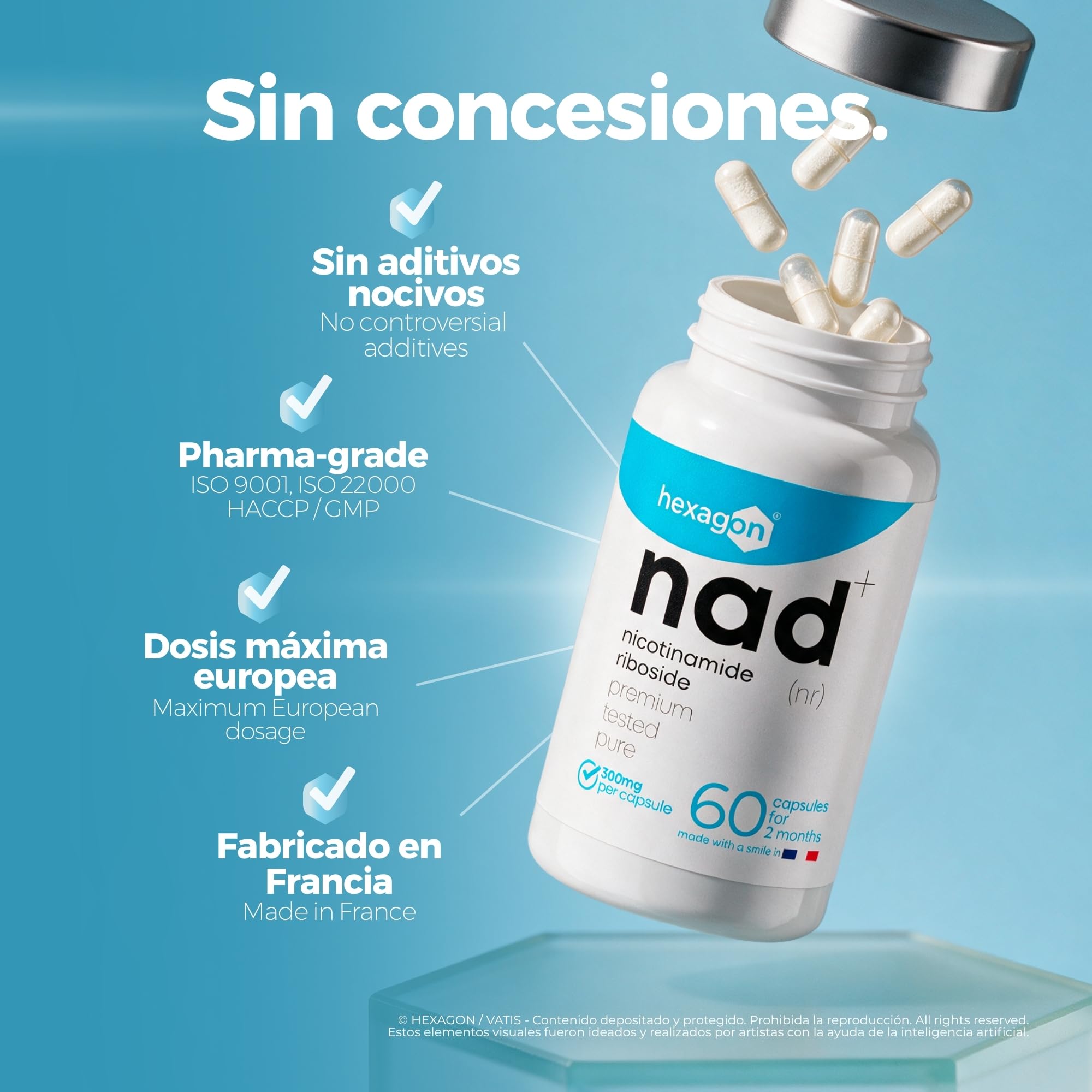 NAD+ Nicotinamide Riboside Chloride 300mg - +2 Meses de Cura - Contra la Edad y la Fatiga, NAD Booster - Polvo Puro, 60 Cápsulas - Grado Farmacéutico - Vegano - Hexagon (Paquete de 2)