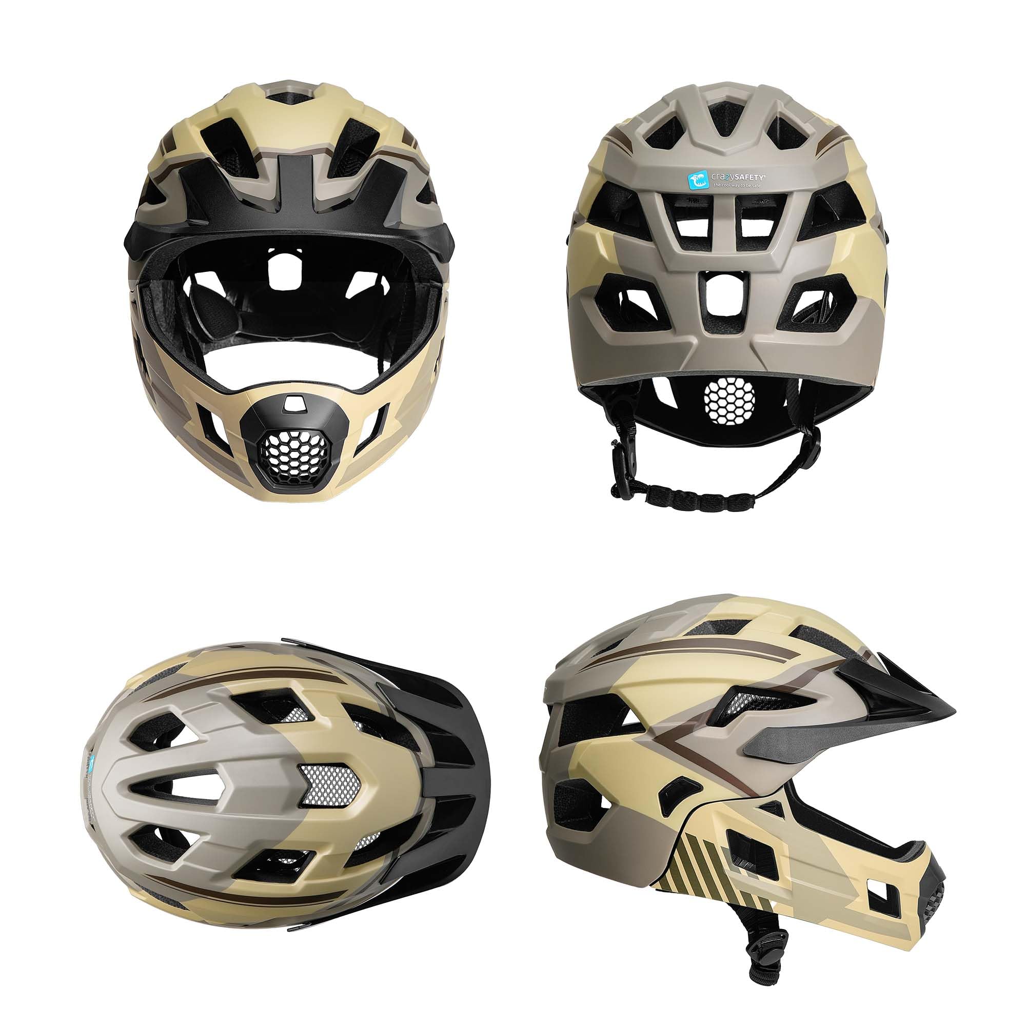 Crazy Safety Casque Vélo Intégral - Sable | pour VTT, BMX, Trottinette | Casque Enfant avec mentonnière Amovible | Casque intégral et Standard 2-en-1 | Casque de Motocross Taille M 54-57 cm