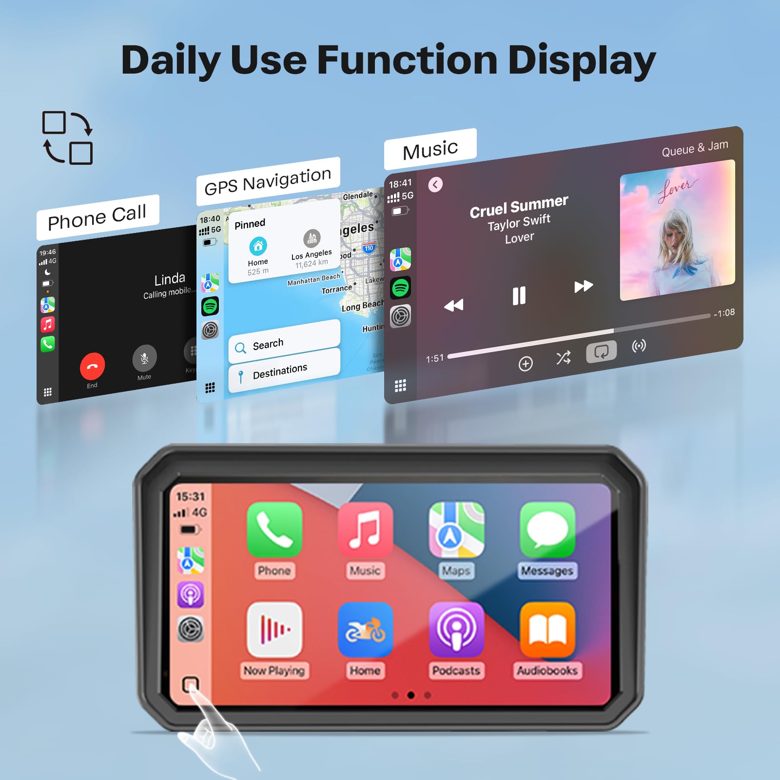 WonVon 6.25 Inch Wireless Motorcycle Carplay GPS Navigation System with Apple Carplay and Android Auto Portable Screen with Dual Bluetooth, Navigation, Siri, Google Assistant