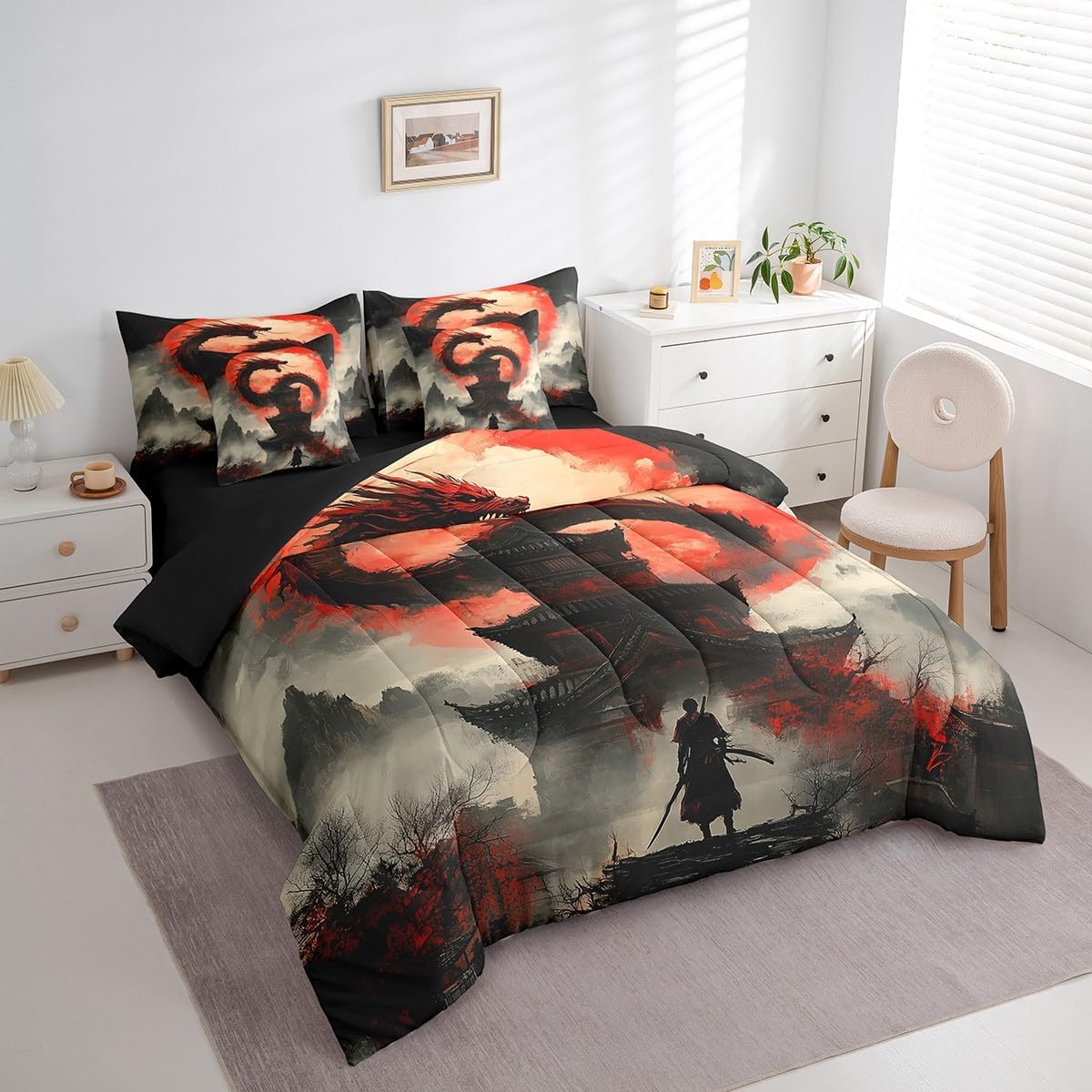 jejeloiu Dragon Queen Comforter Set with Sheets Japanese Style Samurai 7 Pieces Bedding Set Queen Size for Kids Boys Girls Teens Anime Sunset Bed Set Moon Japan Bed in a Bag