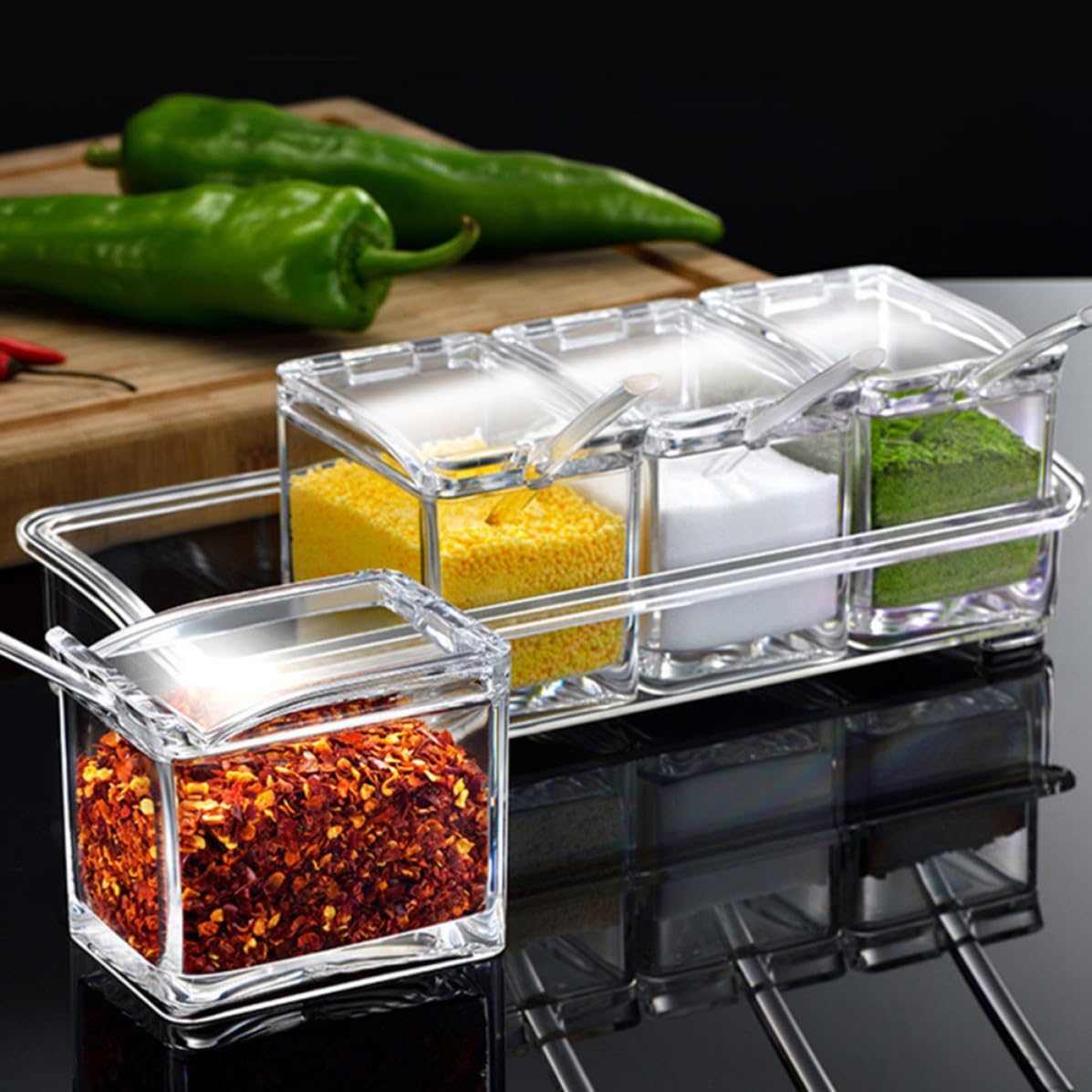 Acrylic Seasoning Storage Box with Spoon and Cover, Special Shape Spice Container for Pepper and Coffee Beans, Suitable for Coffee Table or Tabletop, with Enough Capacity