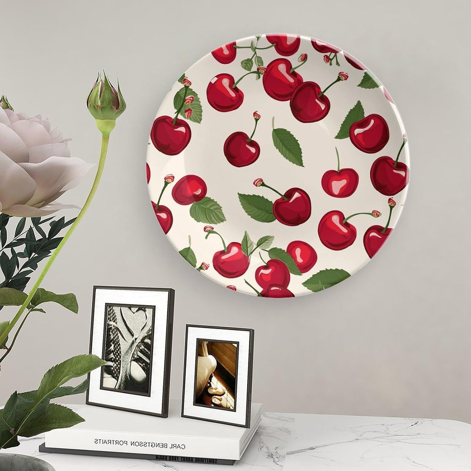 Red Cherry Pattern Decorative Plates Bone China Plates with Stand for Display 8inch Round Ceramic Dinner Plates Dessert Plate for Kitchen Party Coffee Table Decor Art