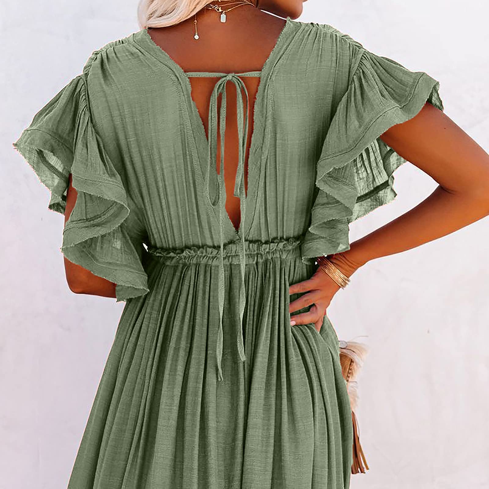 Damski długi plażowy kimono, kardigan z przodu, guziki, bikini, strój kąpielowy okrycie ze sznurkiem, damskie okrycie z frędzlami, wykończenie z paskiem, midi, długość do kostki, dekolt w serek
