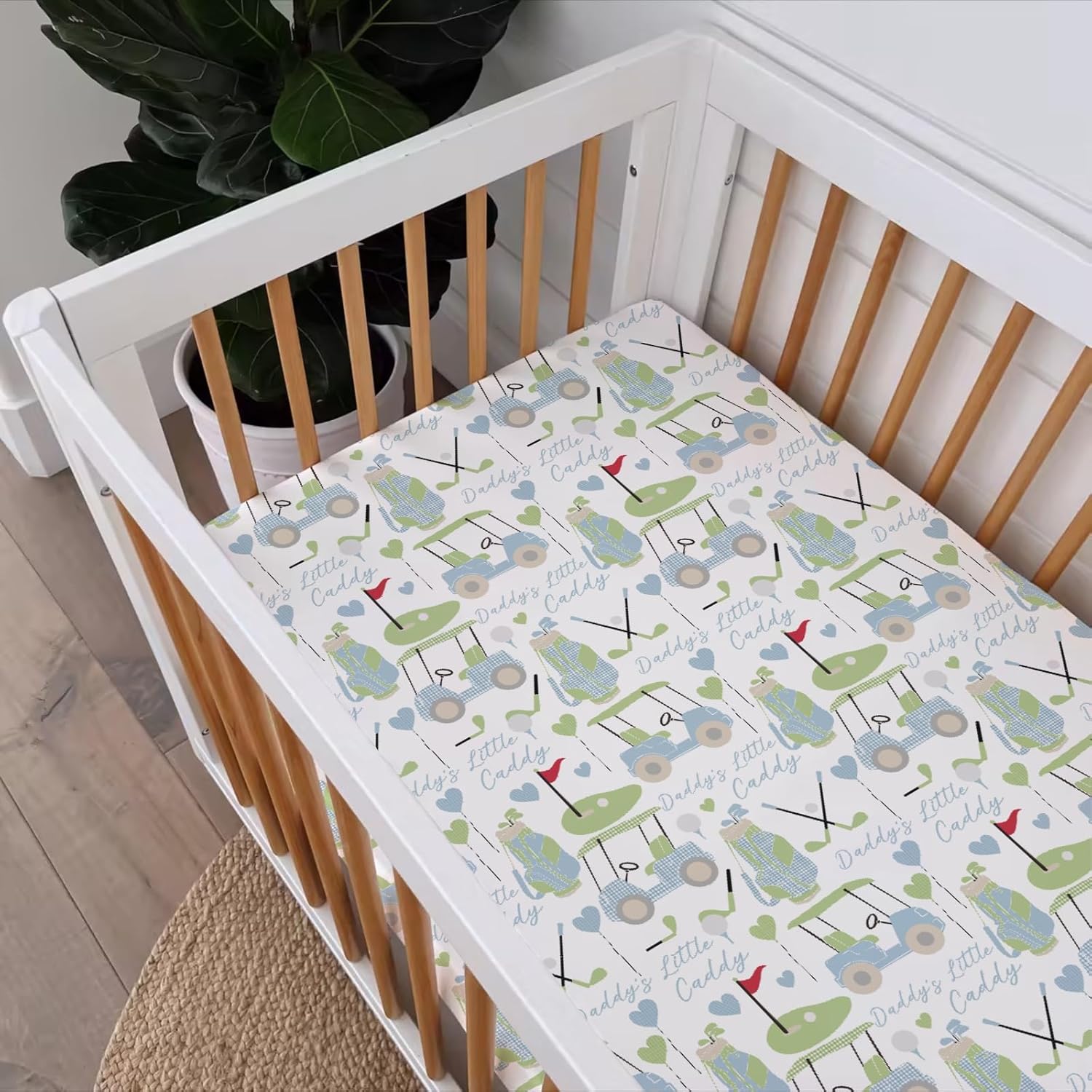 Baby Boys Standard Crib Sheet Blue Gingham Golfing, Cute Golf Daddy's Little Caddy Snug Fitted Mattress Covers, Soft Stretchy Breathable Nursery Kids Toddler Bed Decor Shower Gift 52 x 28