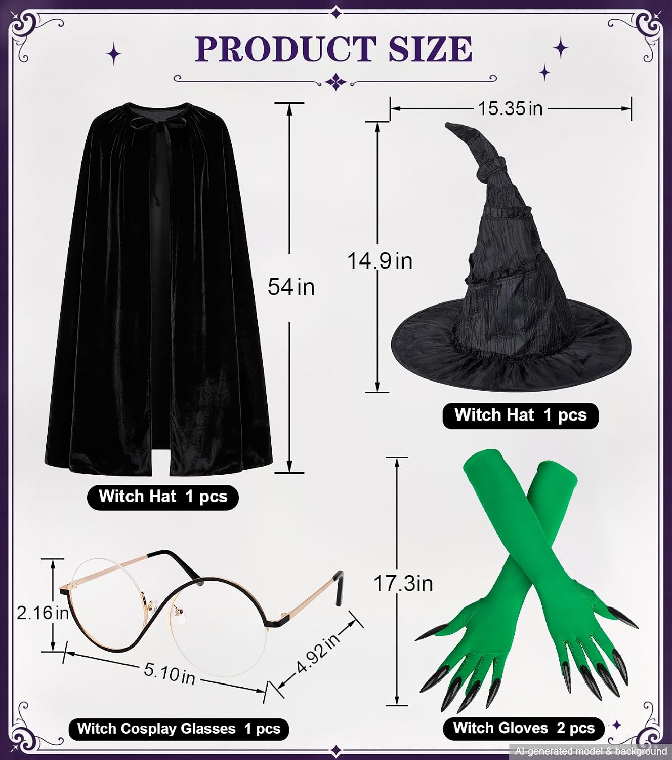 Witch Costume Accessories Set with Hat, Cape, Gloves and Glasses