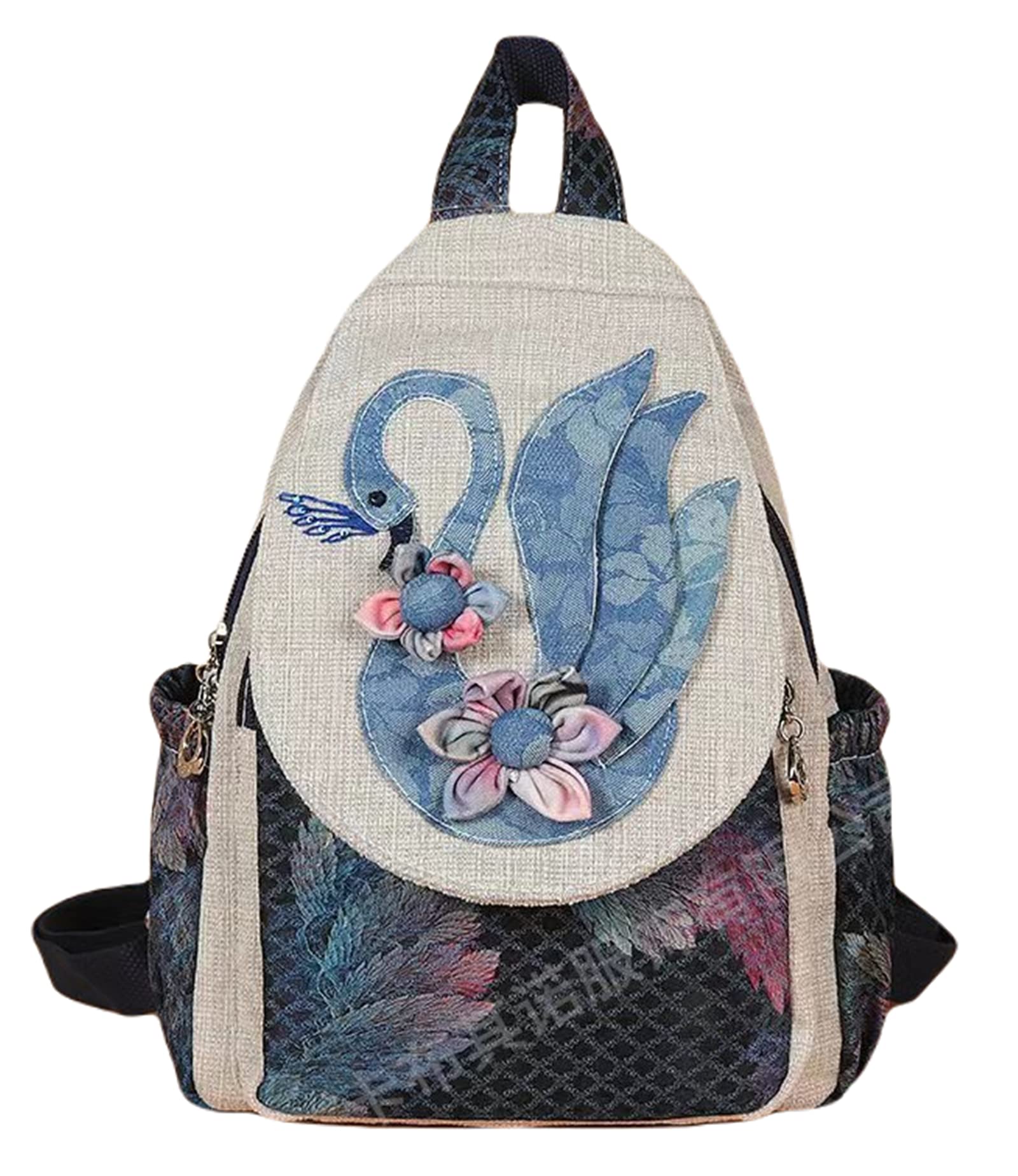 Bolso tipo mochila para mujer, estilo bohemio, convertible, pequeño, con diseño de hongos y tejido, hippie, Azul, middle-sized, Mochilas de mochila