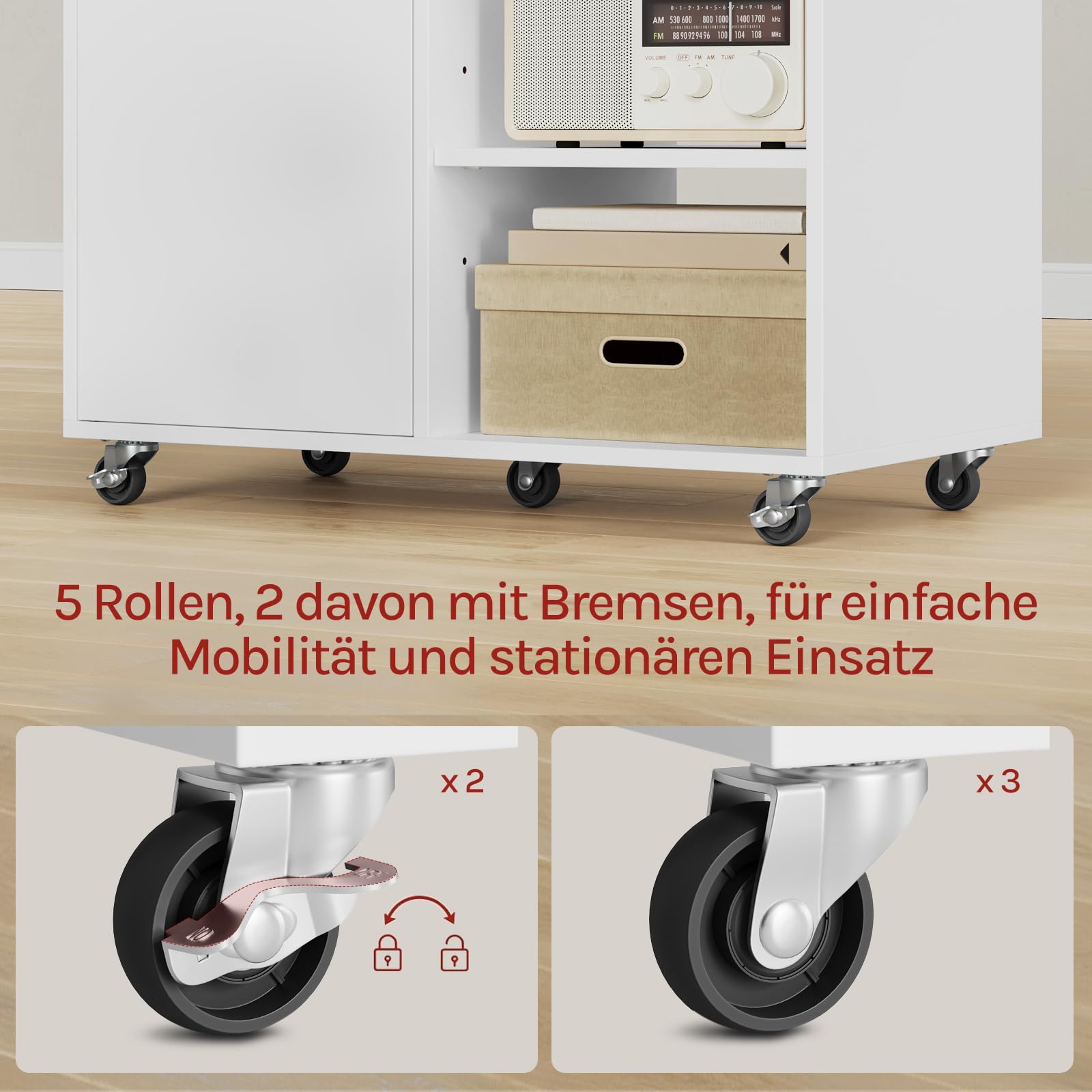 WOLTU Aktenschrank mit Rollen, Druckertisch mit 3 offenen Fächern, 1 Tür, verstellbaren Ablagen, für Zuhause und Büro, 60x70x35 cm, Weiß
