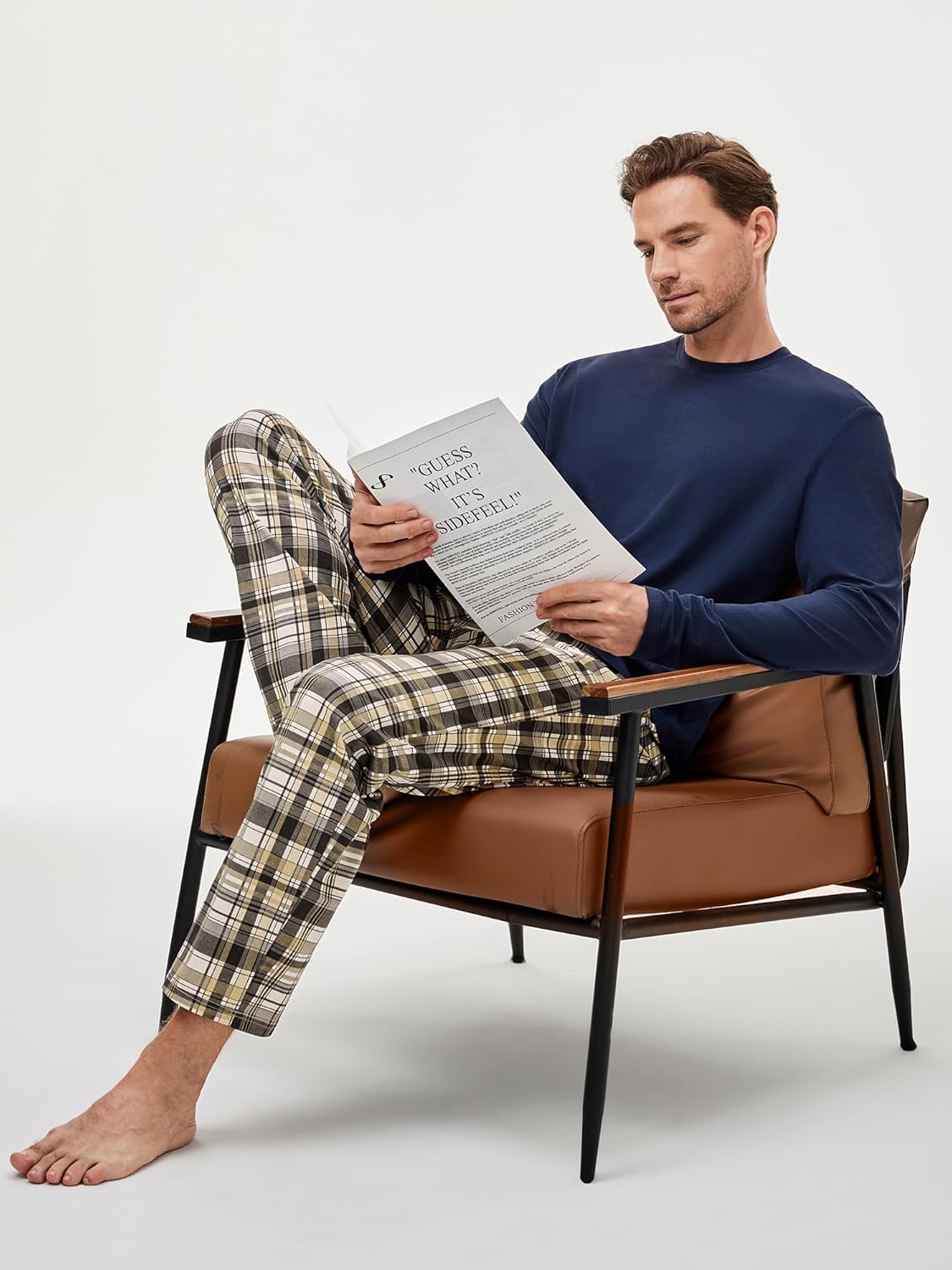 JMIERR Men's Pajamas Set 2 Piece Long Sleeve T-Shirt Loungewear Long Plaid Pants with Pocket - Image 2