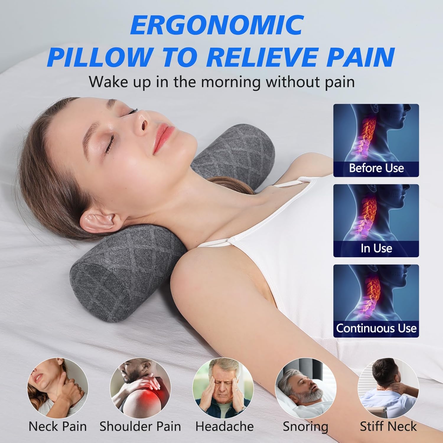 Cozyhealth Cervical Roll Pillow, Medium Soft Memory Foam Neck Round Pillow Cylinder Bolster Pillow for Sleeping, Round Neck Support for Bed, Legs, Back and Yoga (Grey, Large - 4.7" H) - Image 3