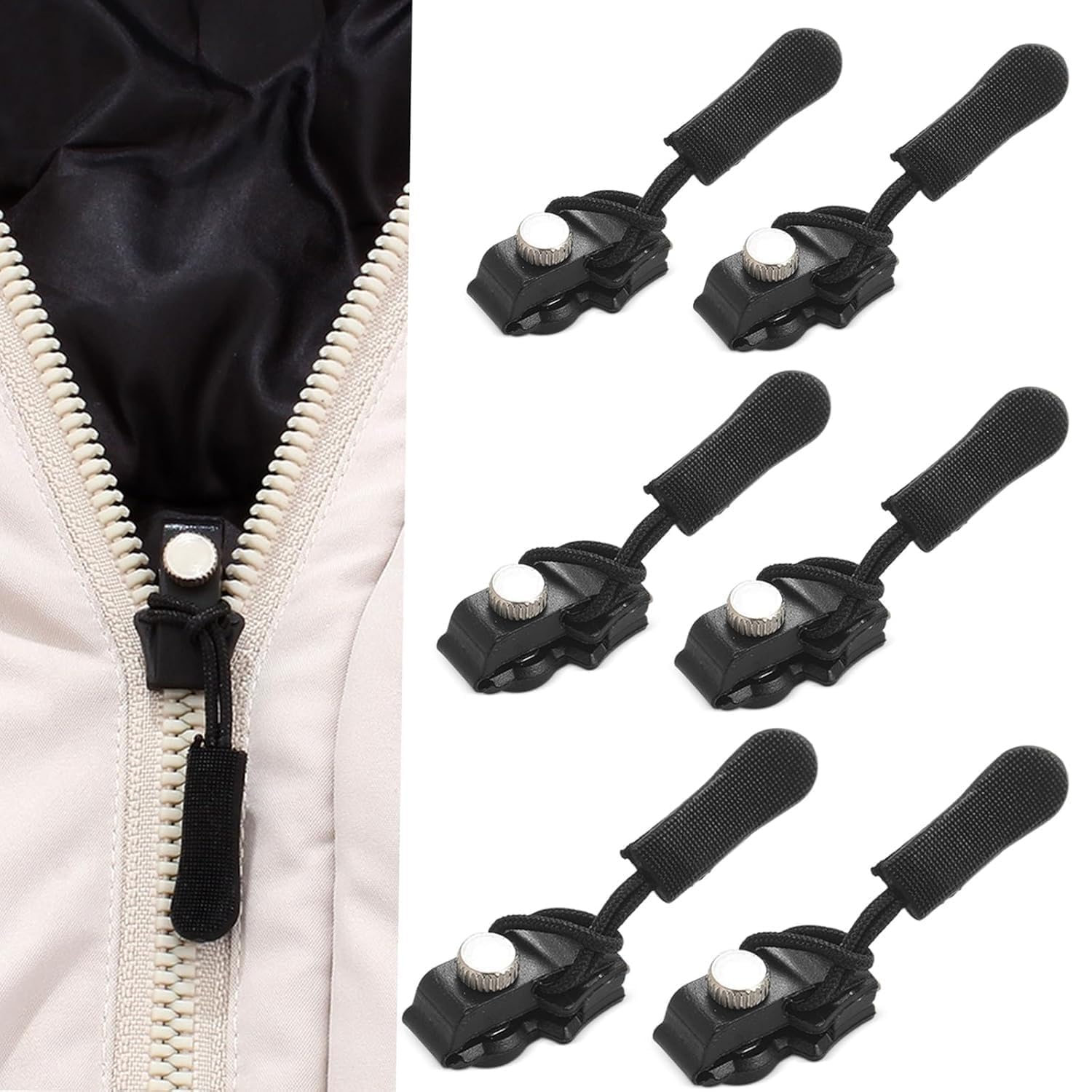 HEVIR Zipper Repair Kit, 6Pcs Instant Zipper Sliders with Nylon Pull Tabs & Metal Pull for Sliding Teeth, Universal Screw Fix Removable Zippers for Bags, Garments, Coats, Shoes & Boots (Black)