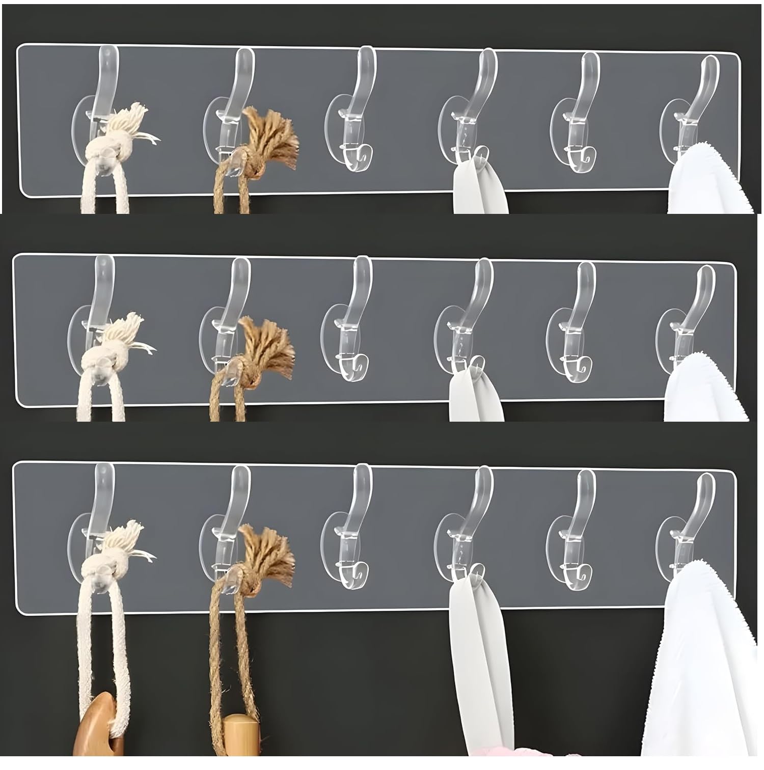 MORVIKA (Pack of 3) 6 in 1 Self Adhesive Wall Hooks, Heavy Duty Sticky Hooks for Hanging, Waterproof Transparent Adhesive Hooks for Wall, Wall Hangers for Hanging Kitchen Bathroom Bedroom Accessories-image-20