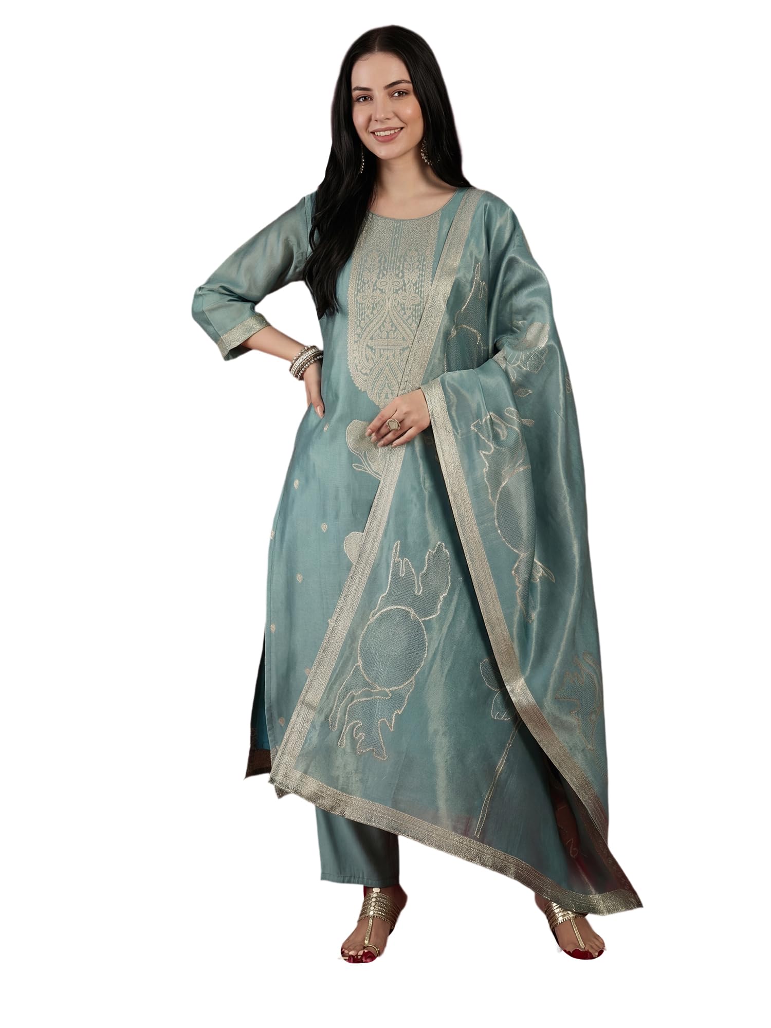 indo era Women's Silk Blend Woven Design Zari Work Kurta & Pant with Dupatta Set (RRAI11718)-picture-24