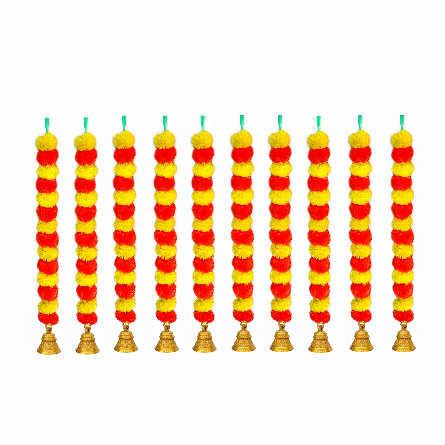 iHandikart Marigold Garland Artificial Fluffy Flower with Bell in The Bottom Used for Festival Decoration|Diwali Decoration for Home Decor, Colour Yellow & Dark Orange, Pack of 10 (31518)