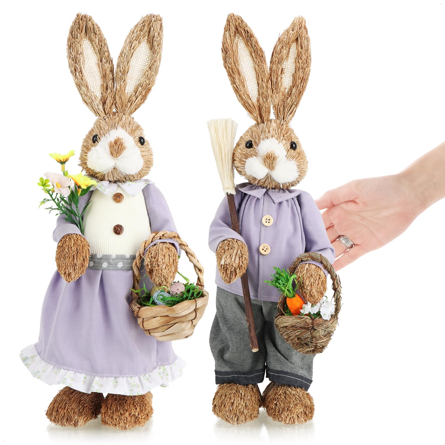 COM-FOUR® 2x XL slomkowy zajac wielkanocny recznie robiony - 44 cm dekoracyjny zajac wielkanocny do dekoracji wielkanocnych - figurki slomkowe na Wielkanoc (02 sztuki - 44 cm liliowy/niebieski)