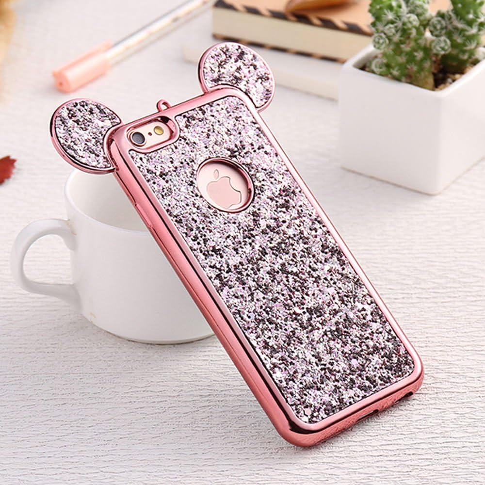 Bling iPhone 7 Case, iPhone 8 Silicone Cover, iPhone 7 Back Case, Luxury Sparkle Glitter Diamond Soft TPU Case with Shiny Pattern 3D Cute Ear Design Gems Rubber Protective Bumper Shell-Rose Gold