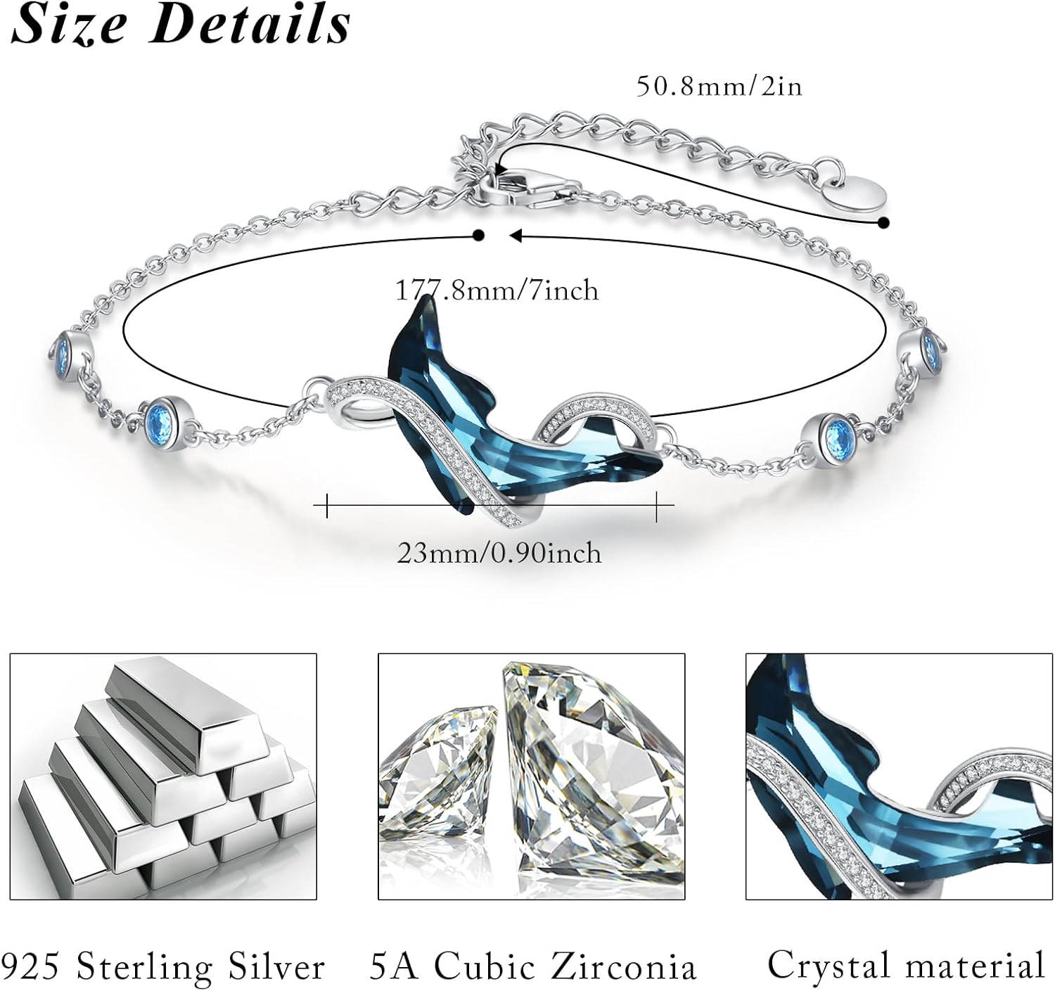 Infinity Dolphin Bracelet Anklet 925 Sterling Silver Dolphin Ankle Bracelet for Women Blue Crystal Adjustable Mother's Day Christmas Valentine's Day Ocean Beach Anniversary Jewelry Gifts for Family - Image 6