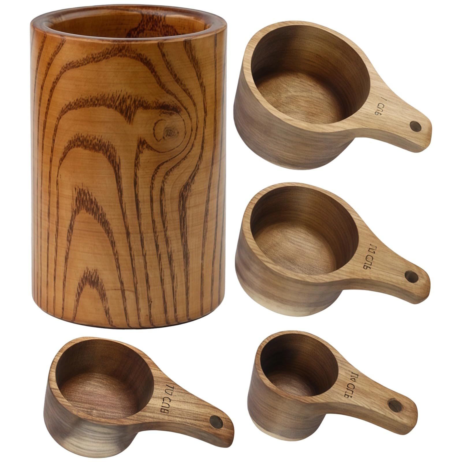 4 Stk. Messbecher aus natürlichem Holz, Set mit Griffen für die Küche, ergonomische Formgebung, präzise Dosierung von Flüssigkeiten, Feststoffen und Pulvern, inklusive praktischem Aufbewahrungseimer