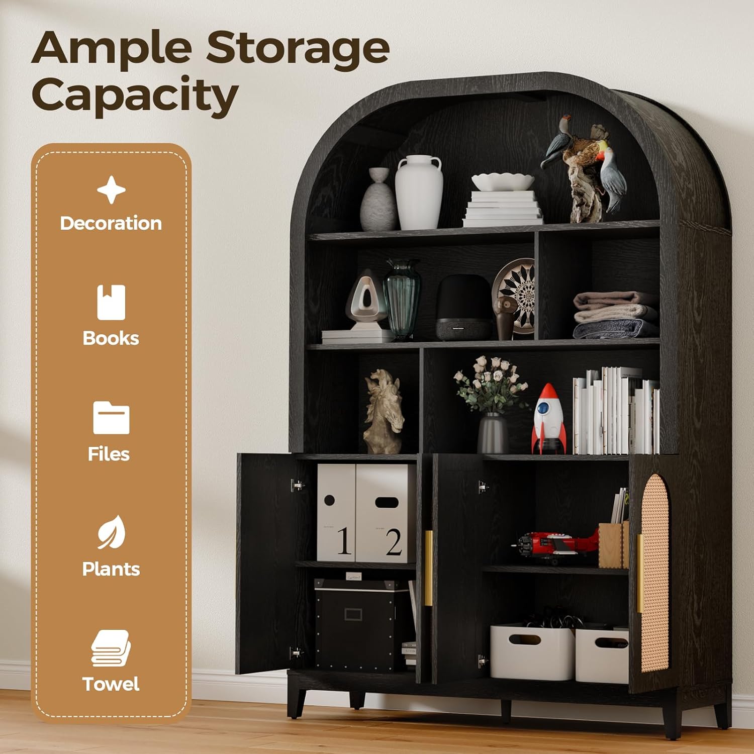 71" Arched Tall Wood Storage Cabinet - 5-Tier Rattan Door Pantry Organizer with Divider Shelf & Gold Handles, Versatile Bookcase for Living Room & Kitchen, Jet Black