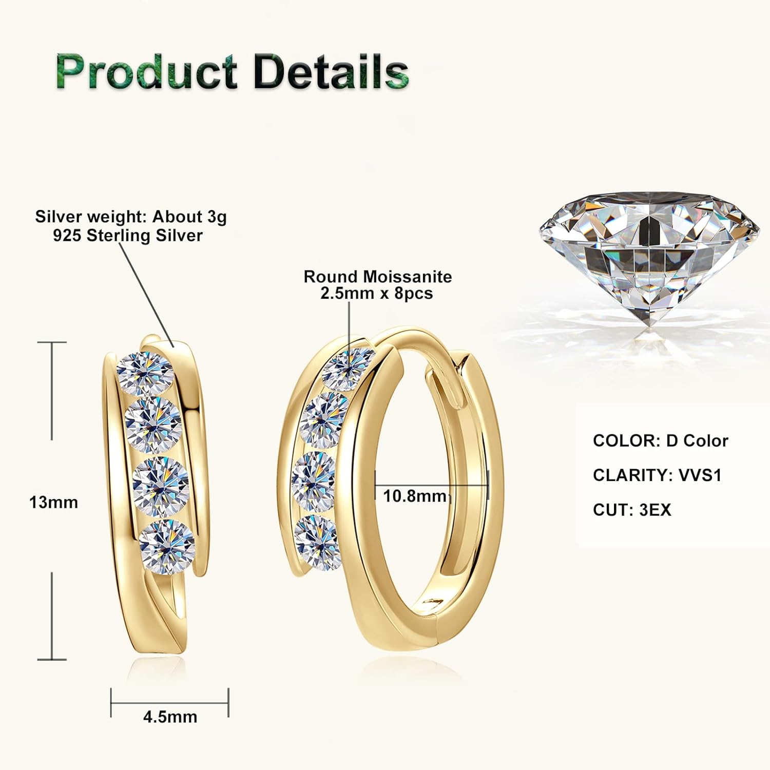 Channel Setting Moissanite Hoop Earrings for Women, 0.46cttw D Color VVS1 Clarity 925 Sterling Silver Hoop Earring for Wedding Birthday Holiday Jewelry Gifts