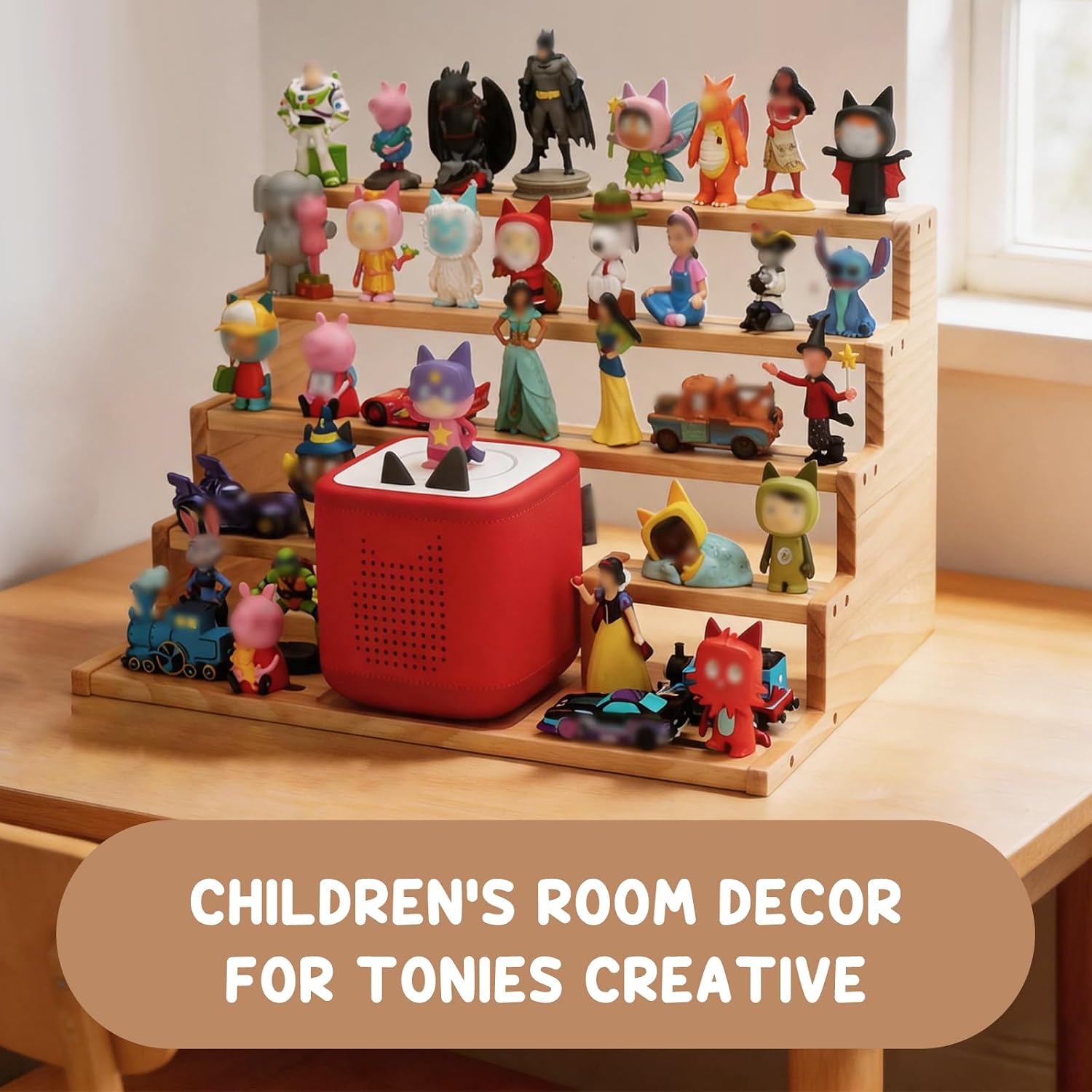 5-Tier Shelf for Tonies Box Storage Organizer, Magnetic Display for Toniebox 1/2 Tonies Figures, Wooden Storage Desktop Holder for 30-40 Tonie Characters, Kids Audio Player Display Stand