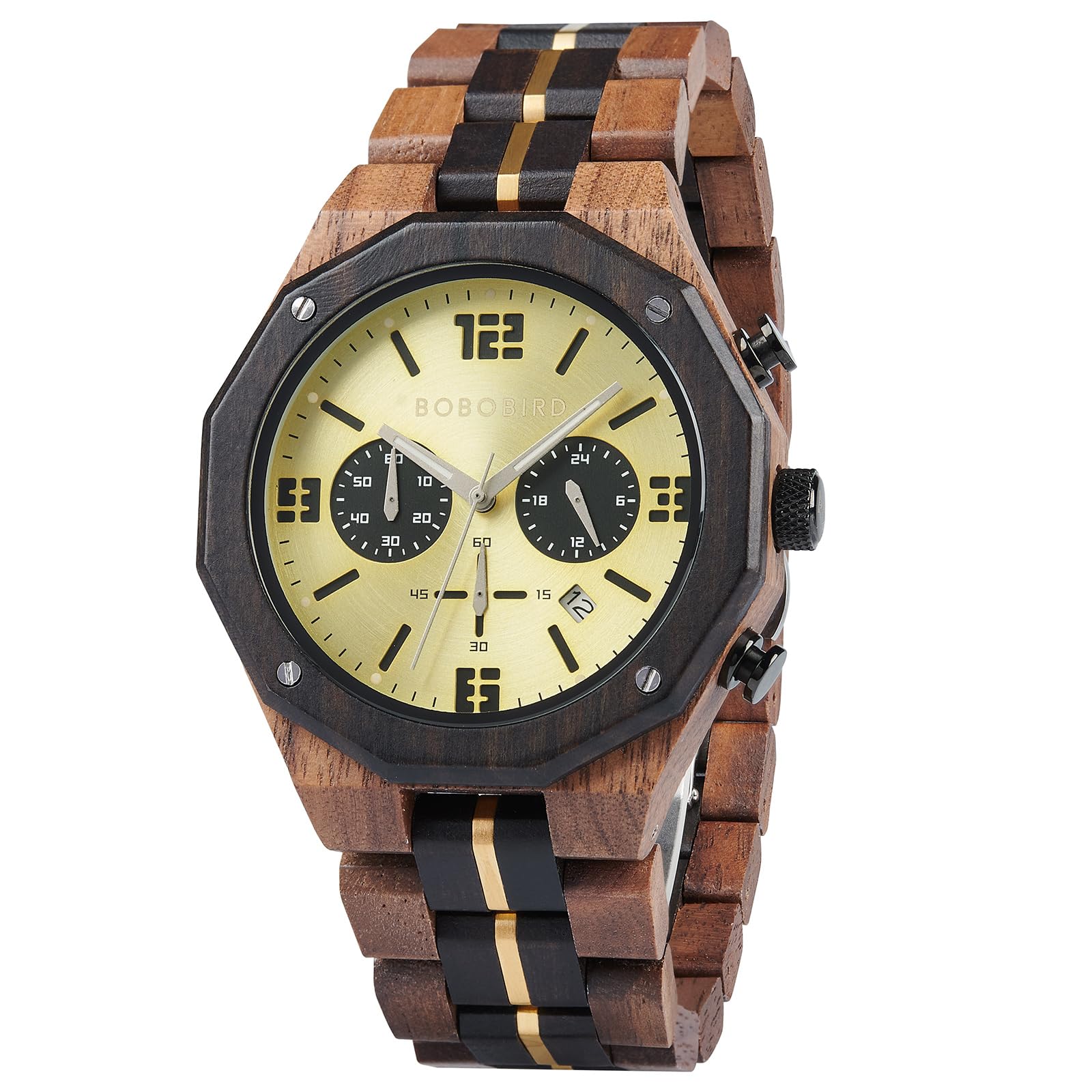BOBO BIRD Orologio da uomo in legno, sportivo, moderno, casual, cronografo, al quarzo, orologio da polso da uomo, cinturino in acciaio inossidabile con visualizzazione della data (oro), oro, M