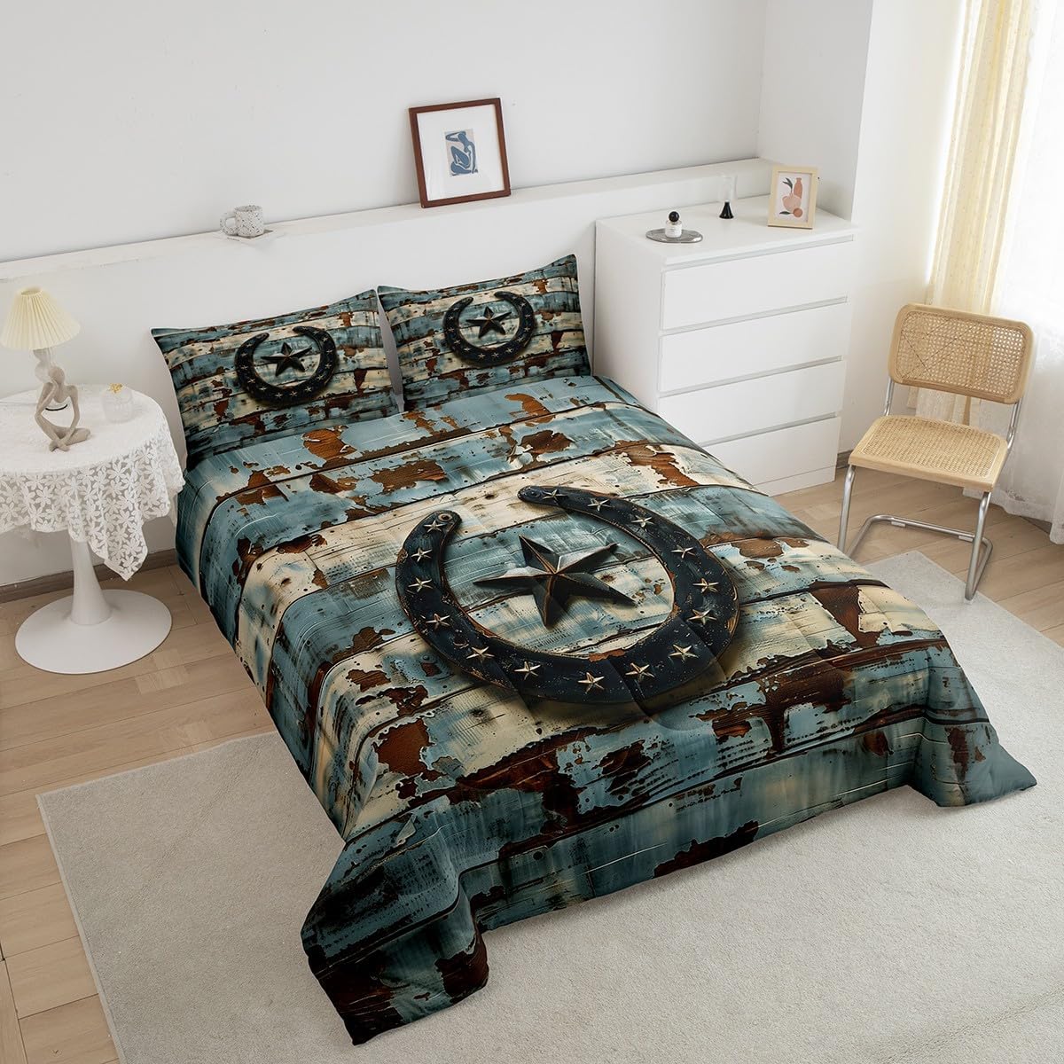Feelyou West Texas Star Duvet Quilt Twin Size Western Aztec Comforter Set for Boys Girls Children Horseshoes Rustic Cowboy Tribal Vintage Farmhouse Bedding Set Room Decor Soft 2Pcs
