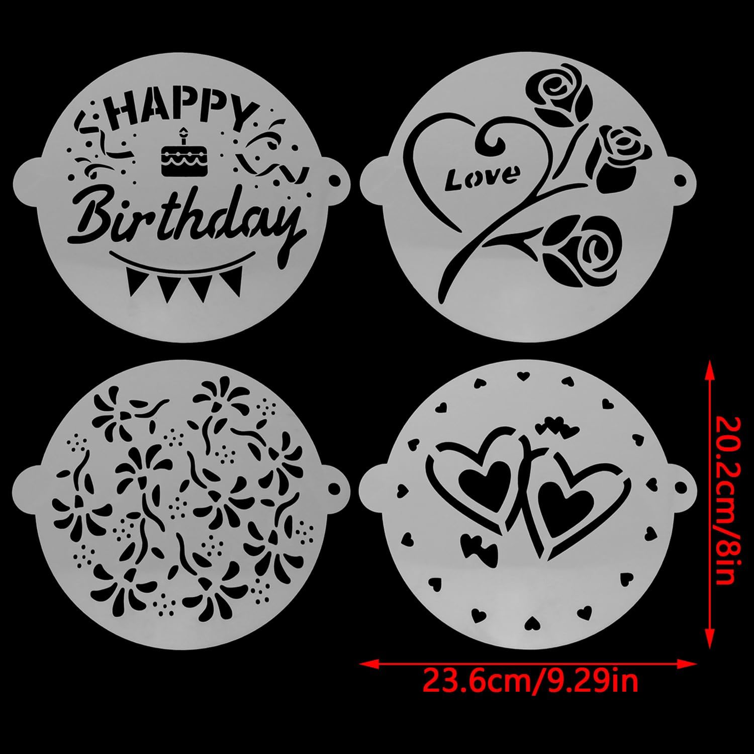 4PCS DIY Baking Cake Cutout Painting Templates Happy Birthday Two Hearts Romantic Love Floral Patterns for Fondant and Buttercream Flat Decorations Baking