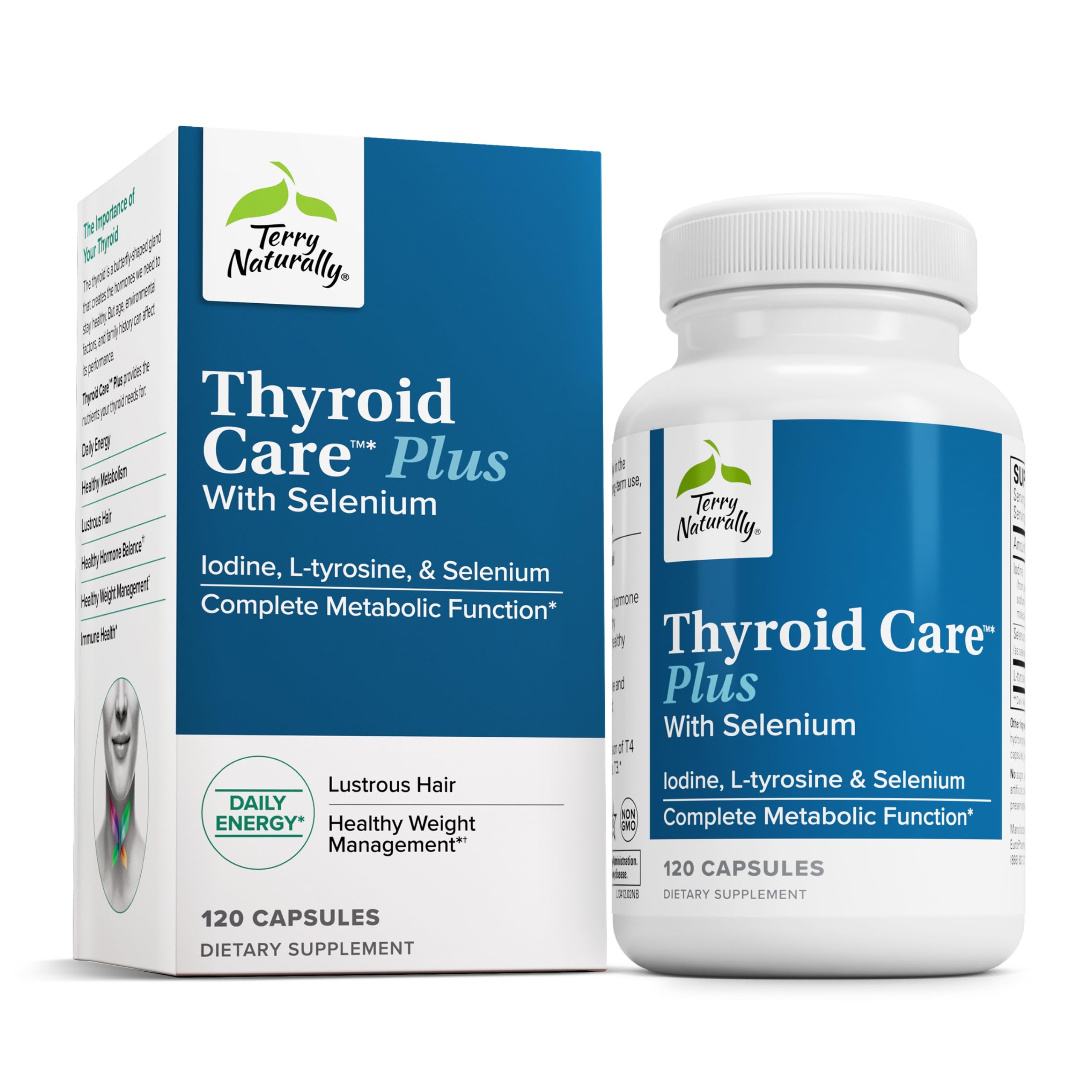 Terry Naturally Thyroid Care Plus - Supplement to Aid Thyroid - Dietary Supplement for Energy & Healthy Hair Support - Supplement with L-Tyrosine & Selenium - 120 Capsules