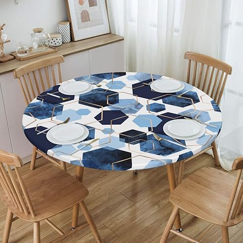 Mantel redondo geométrico azul y blanco con bordes elásticos para mesas de hasta 45 a 50 pulgadas de diámetro
