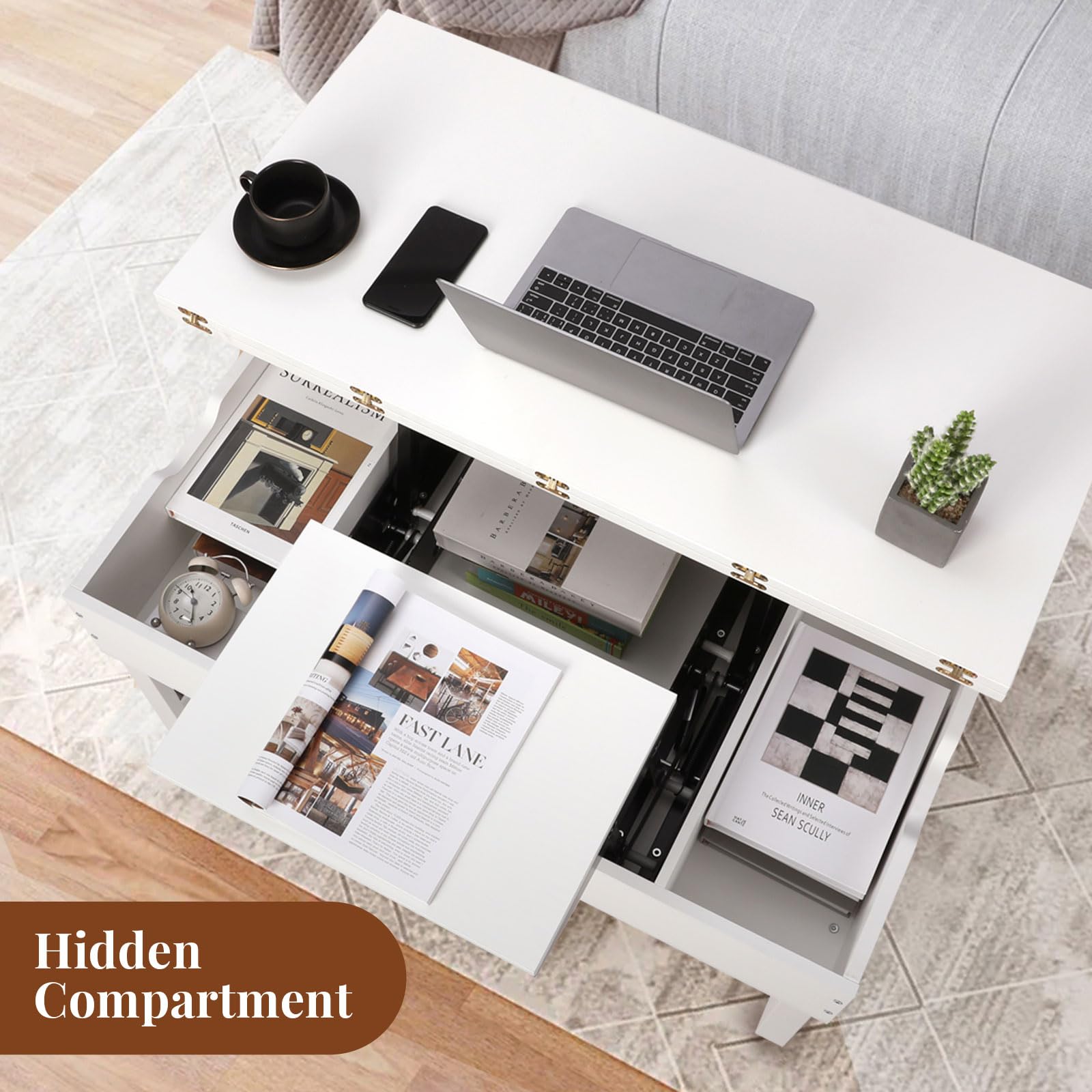 VOWNER Mesa de Centro Elevable, 3 en 1 Mesa de Salón Multifuncional con Almacenamiento Oculto, Mesa de Comedor Moderna Elevadora (Blanco)
