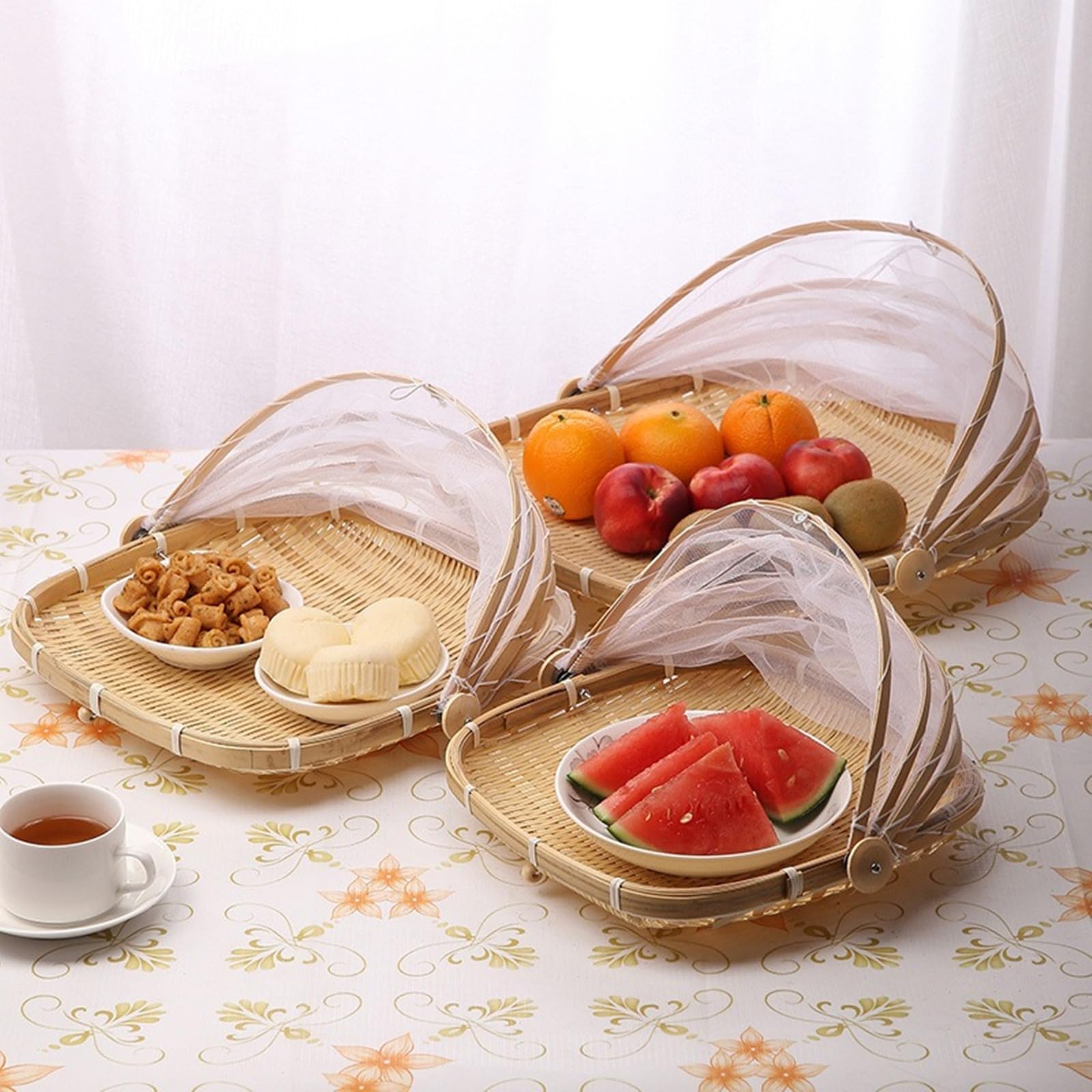 ASkinds 3Pcs Bamboo Serving Food Tent Basket with Cover, Square Hand-Woven Dustproof Food Serving Tent Basket for Home, Kitchen, Parties, Picnics, BBQs, Reusable and Collapsible(S+M+L)