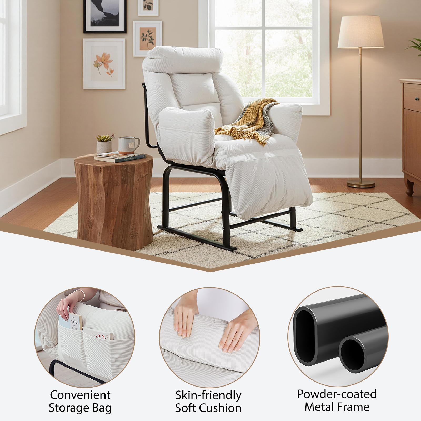 Poltrona Relax, Ergonomica Reclinabile 90°-180°, Poltrona Reclinabile con Schienale e Poggiapiedi Regolabile, Poltrone per Soggiorno/Ufficio, con Tasconi Laterali, Bianco