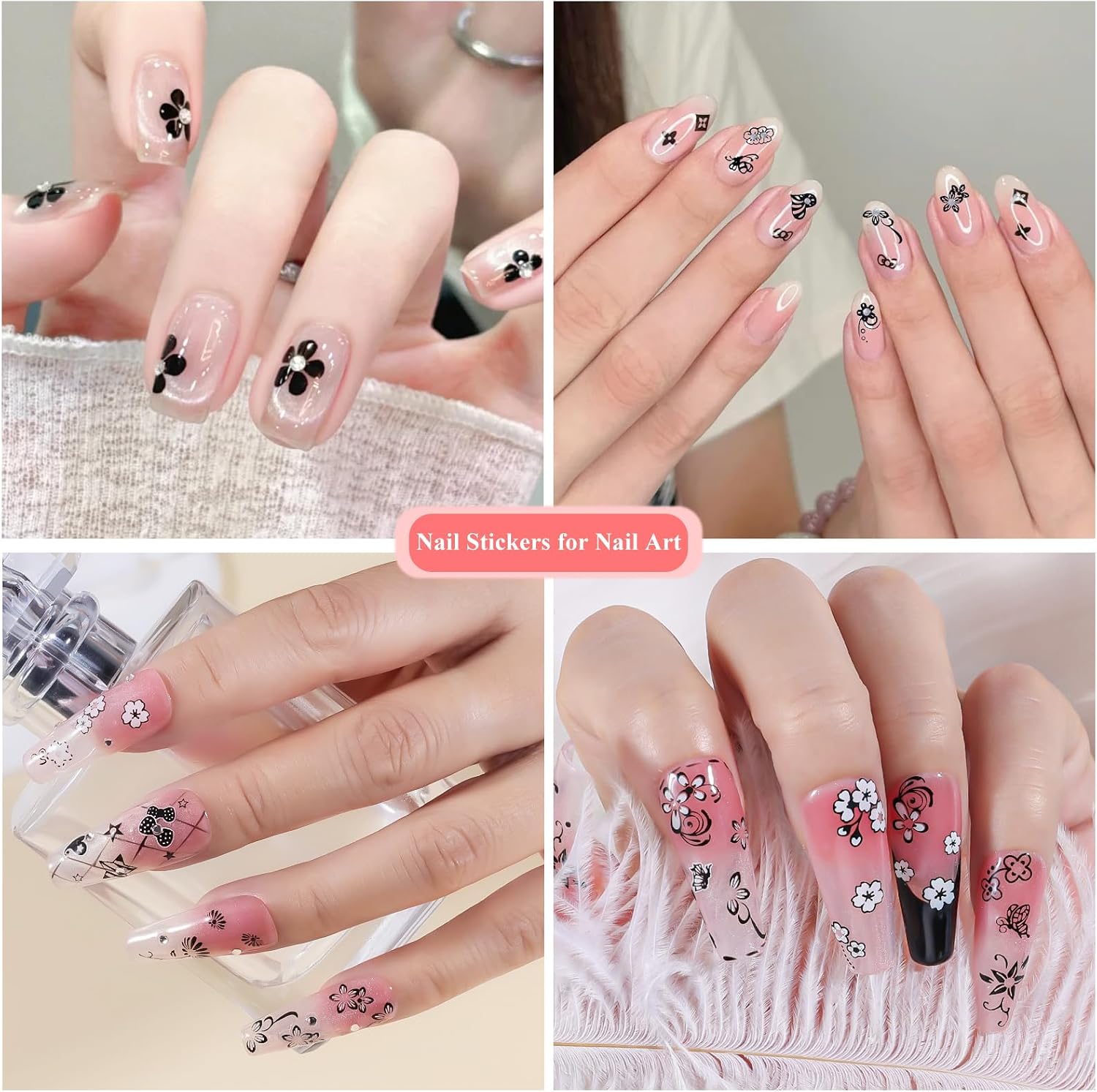 Black Flower Nail Stickers - 30 Sheets Dark Floral Nail Decals 3D Self-Adhesive Butterfly Star Nail Art Stickers for Acrylic/Gel Nails, Edgy DIY Gift for Women