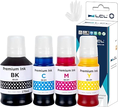 LCL GI-21 G3260 G3270 Ink Bottles Replacement for Canon 21 GI-21 GI21 Ink Refill Bottles for Canon G3260 G2260 G1220 G3270 G2270 G1230 G3290 G4270 G4280 G3272 G3262 Black 170ML, CMY 70ML, 4-Pack