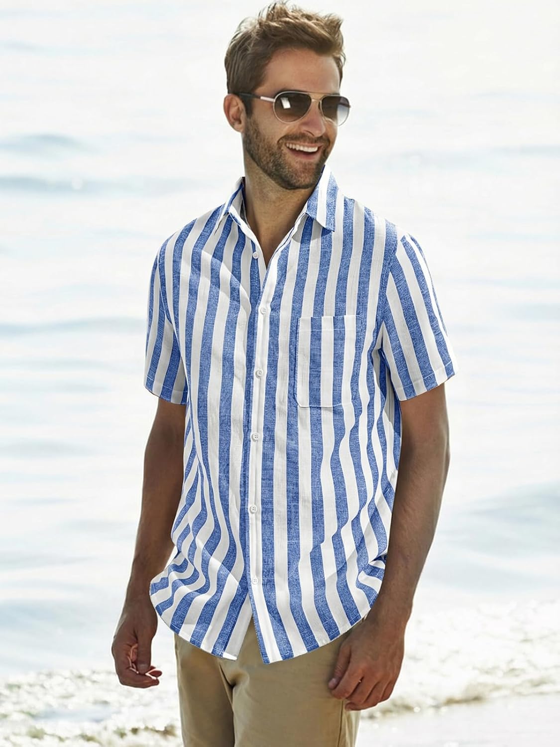 Runcati Mens Striped Button Down Shirts Casual Short Sleeve Linen Shirt Summer Beach Vacation Tops - Image 5